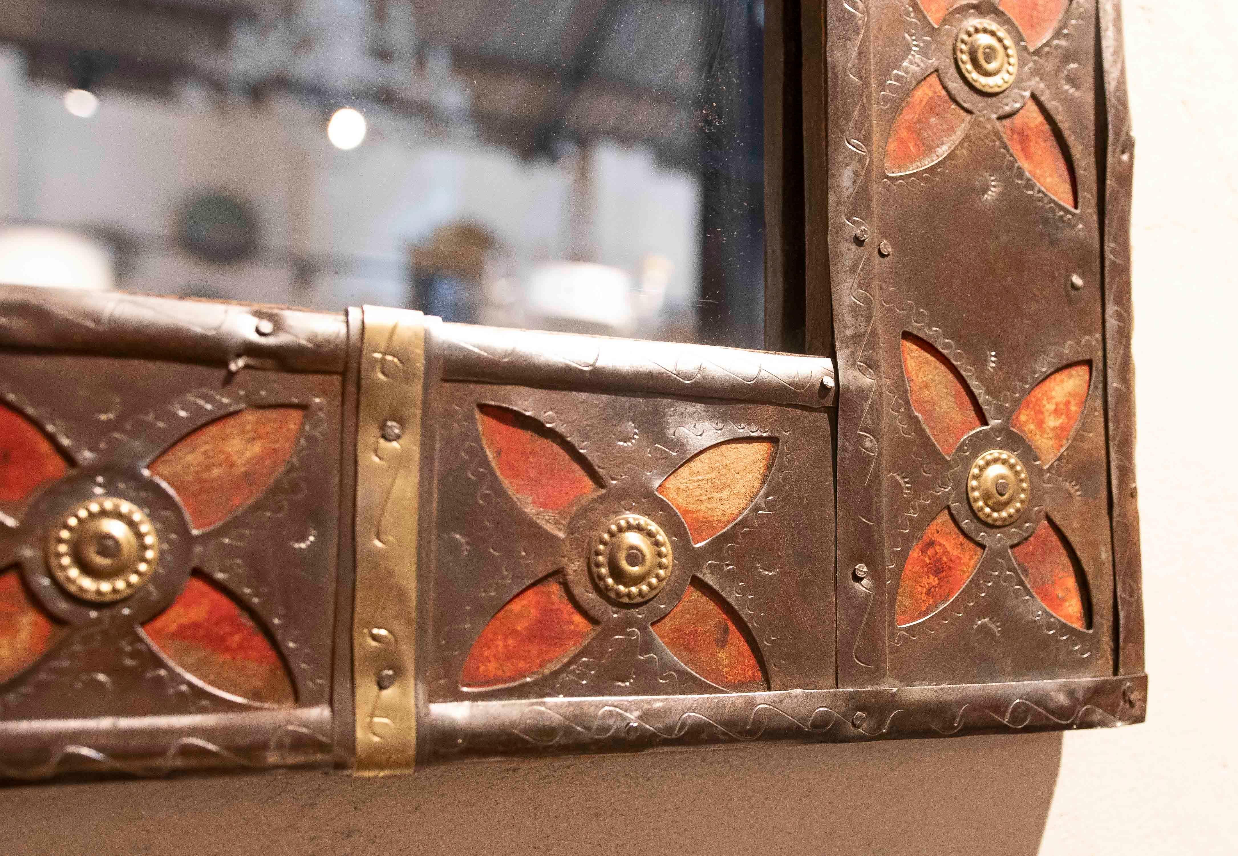 20th Century 1970s Pair of Handcrafted Mirrors with Iron-Decorated Frames and Red Details For Sale