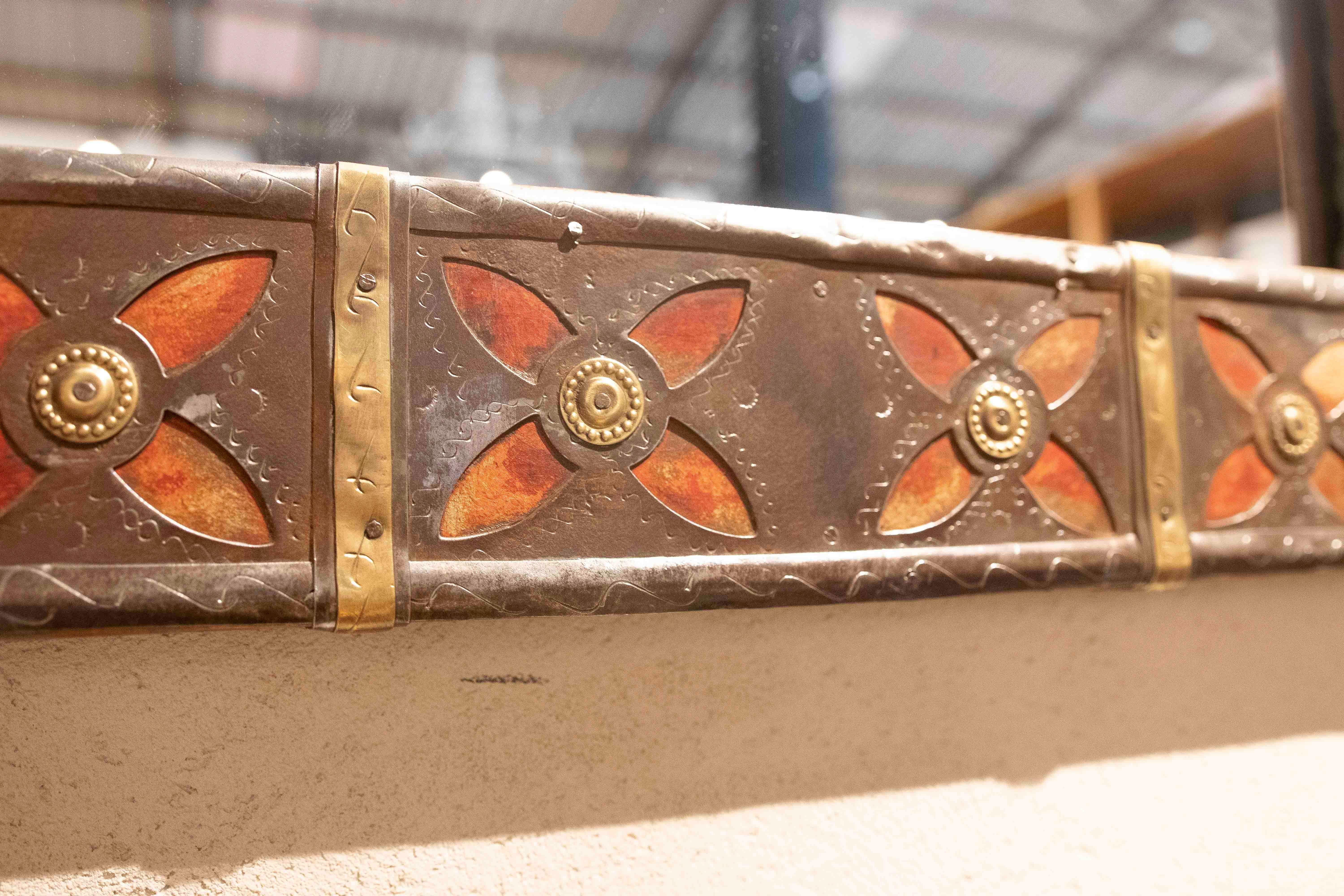 Metal 1970s Pair of Handcrafted Mirrors with Iron-Decorated Frames and Red Details For Sale