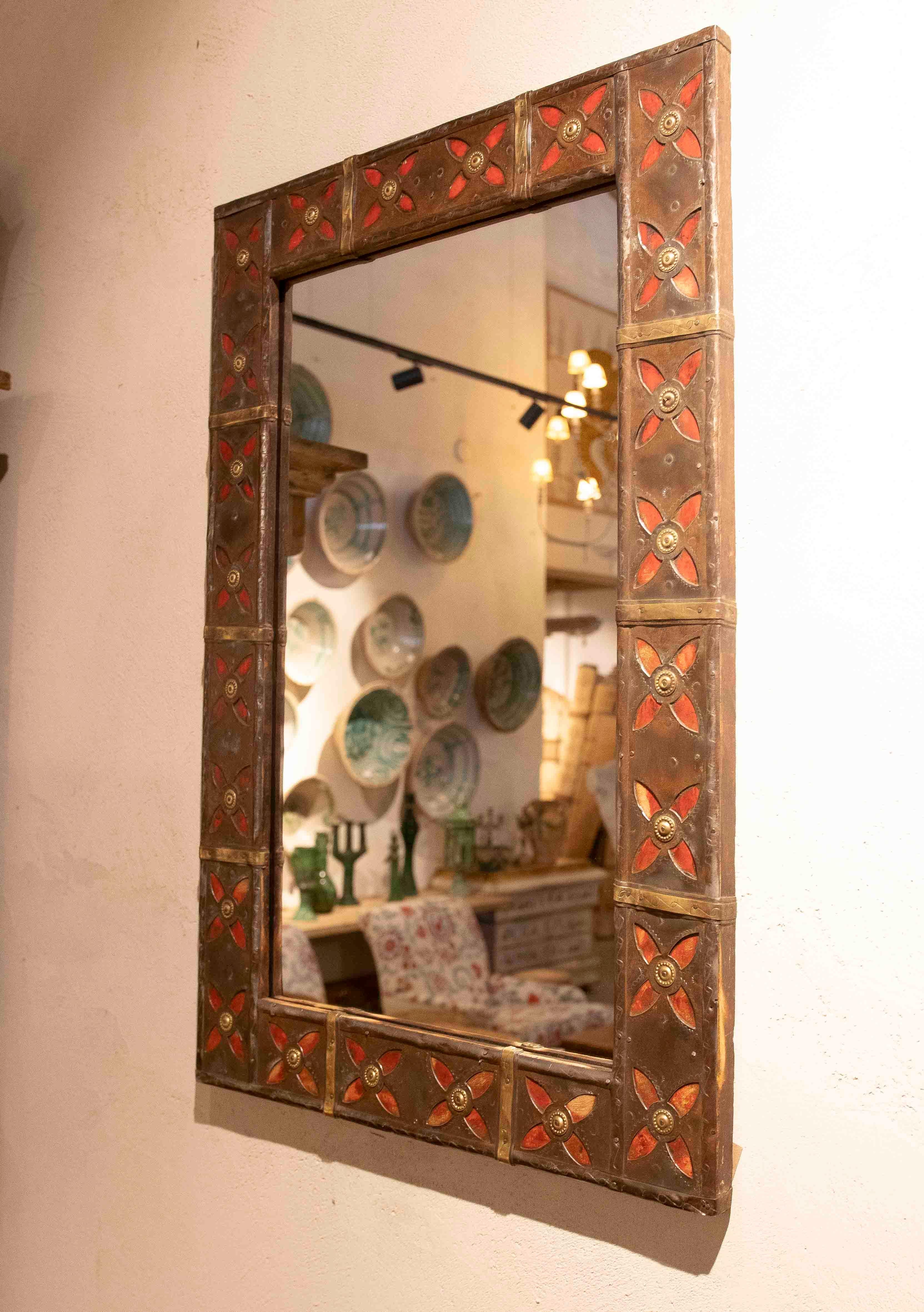 1970s Pair of Handcrafted Mirrors with Iron-Decorated Frames and Red Details For Sale 3