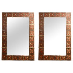 1970s Pair of Handcrafted Mirrors with Iron-Decorated Frames and Red Details