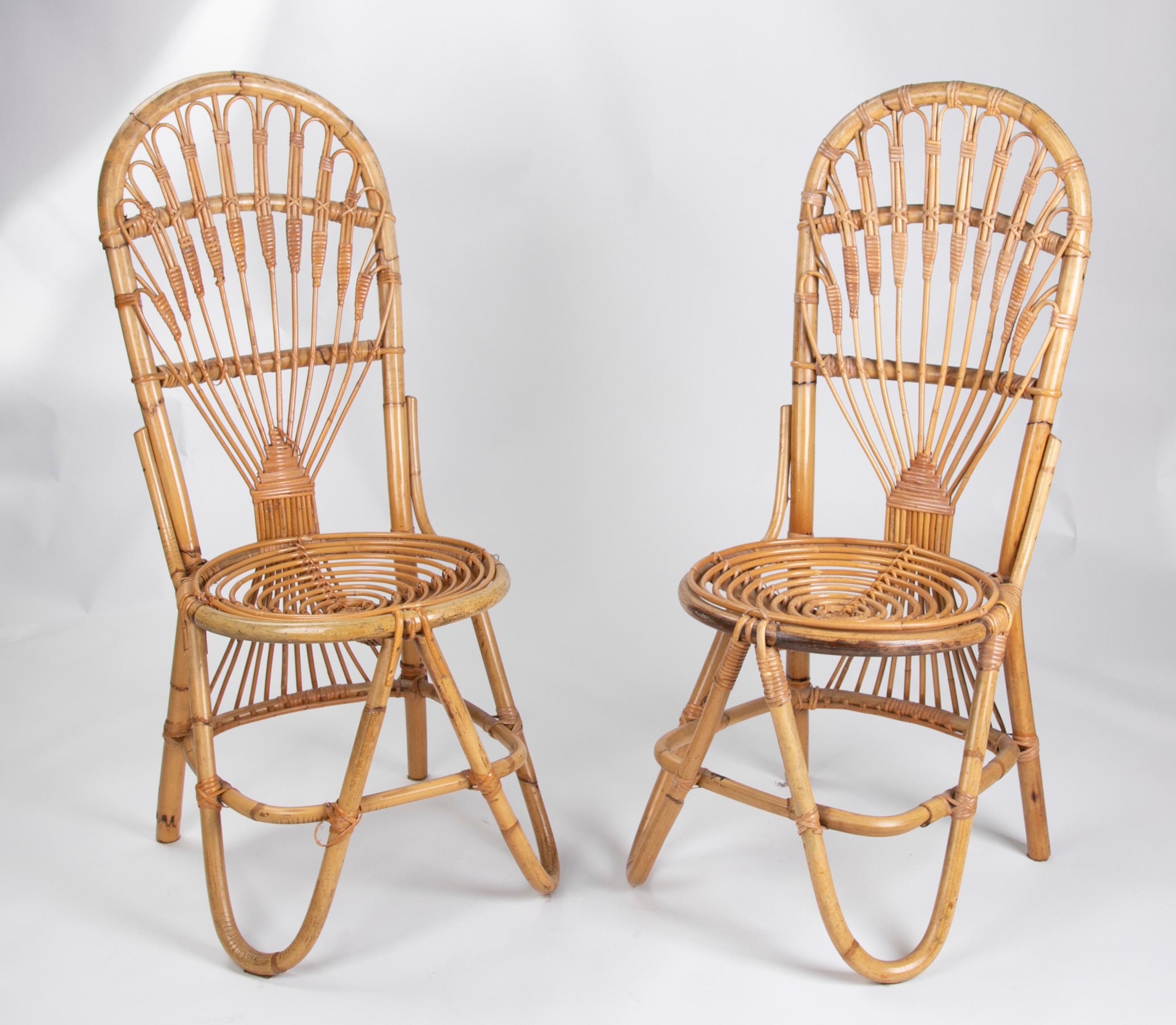 1970s Pair of handmade bamboo wicker chairs.