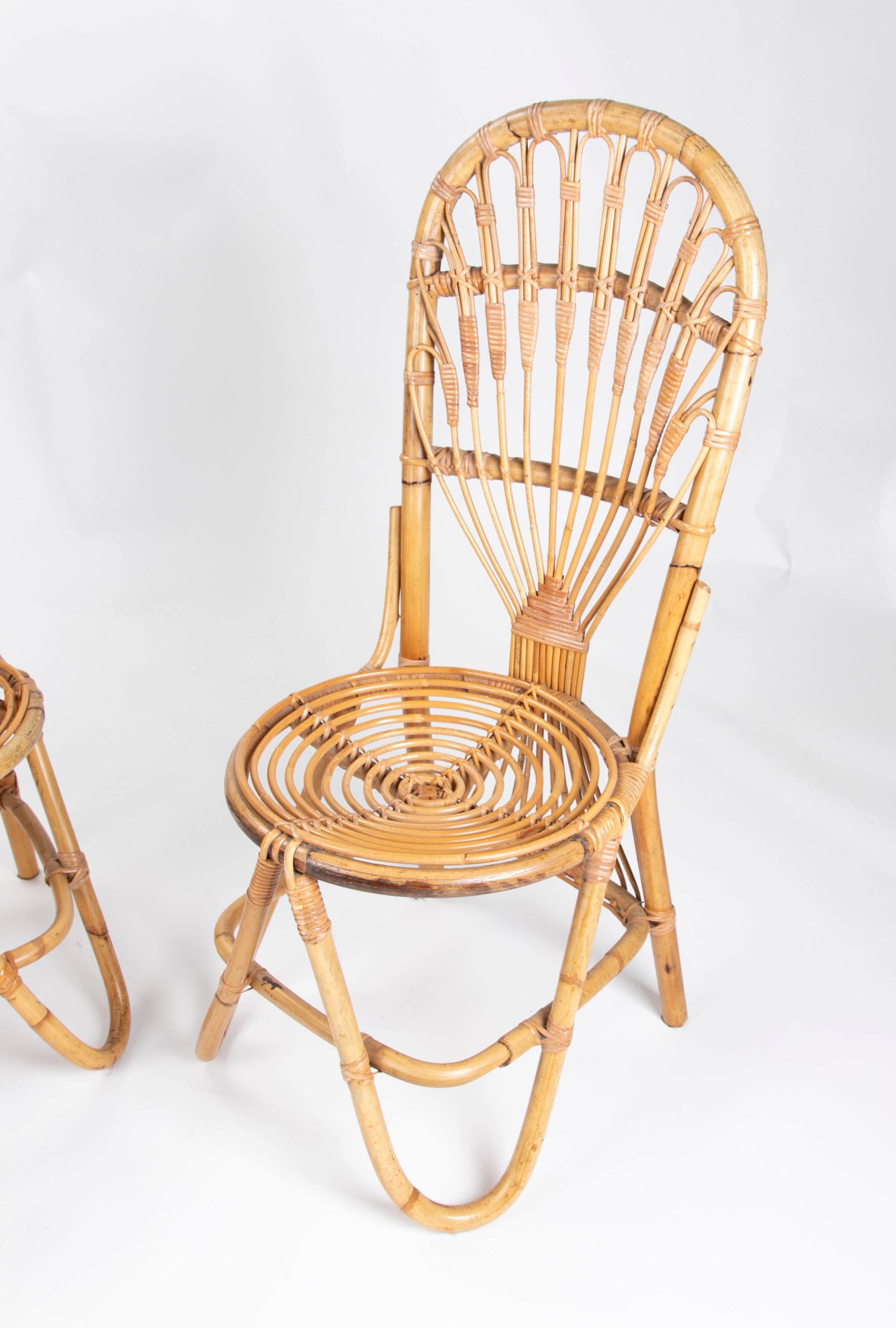 Spanish 1970s Pair of Handmade Bamboo Wicker Chairs