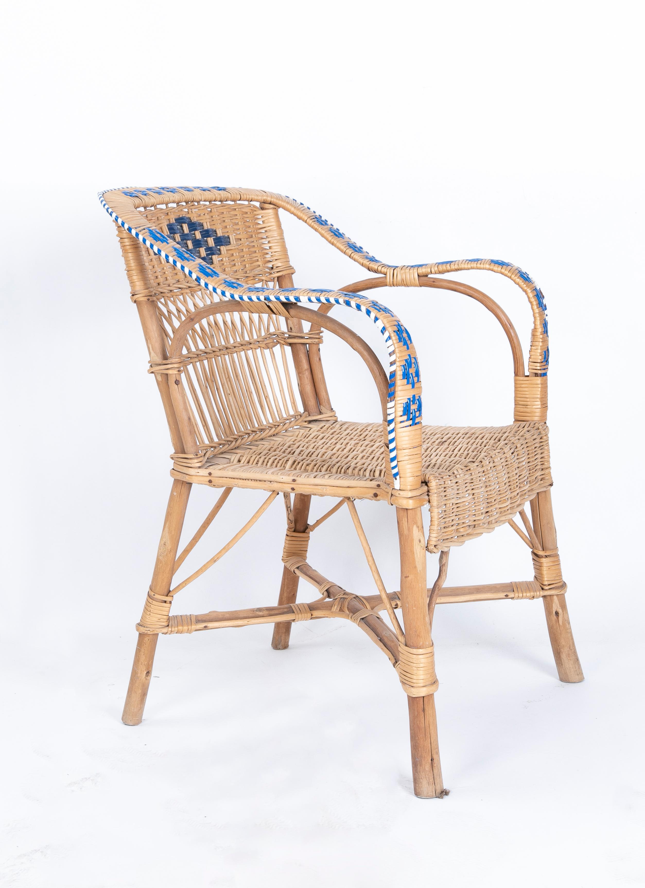 Spanish 1970s Pair of Handmade Wooden and Wicker Chairs 