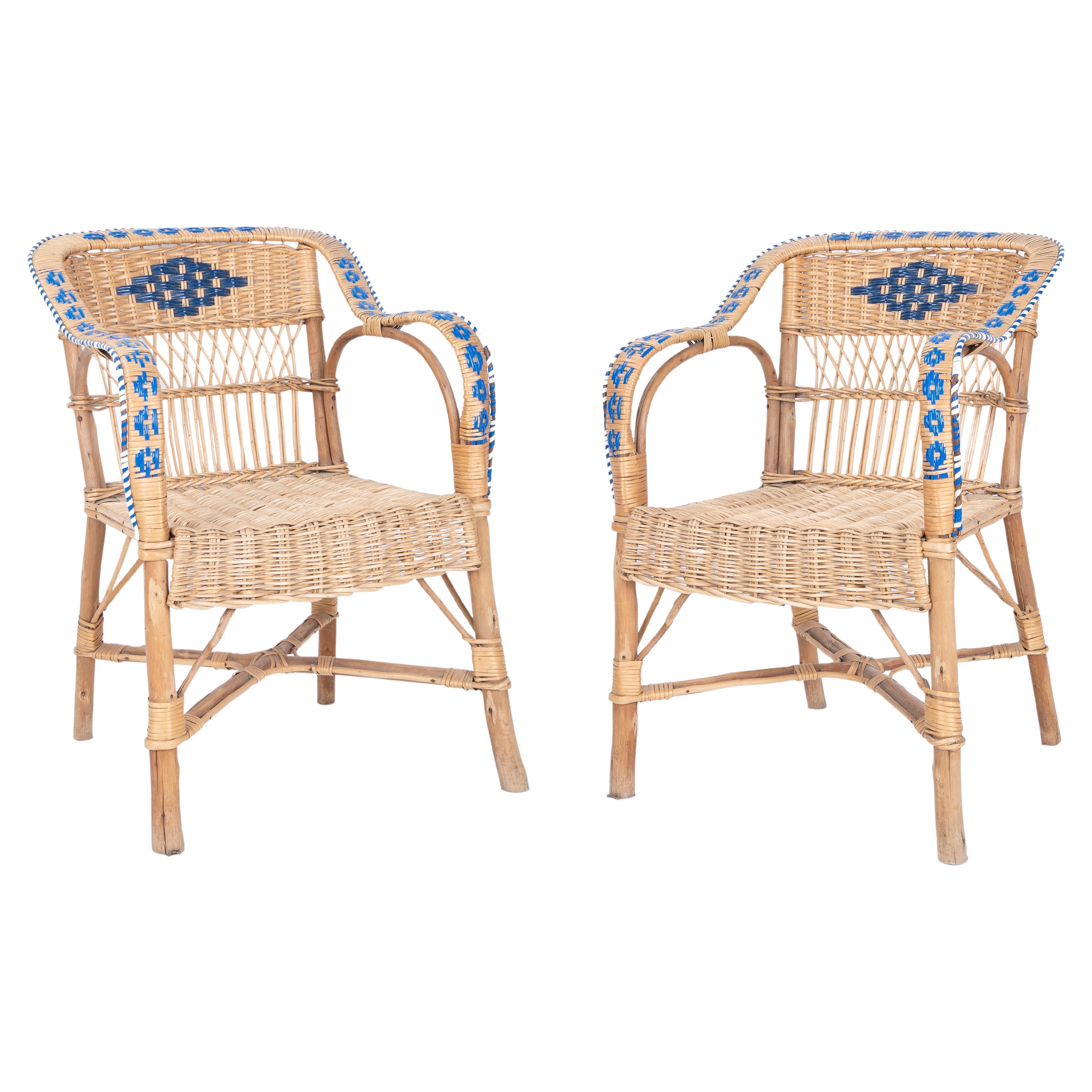 1970s Pair of Handmade Wooden and Wicker Chairs 