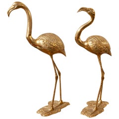 Vintage 1970s Pair of Hollywood Regency Large French Brass Flamingos