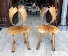 1970s Pair of Hunting Style Chairs with Antlers and Deer Hide