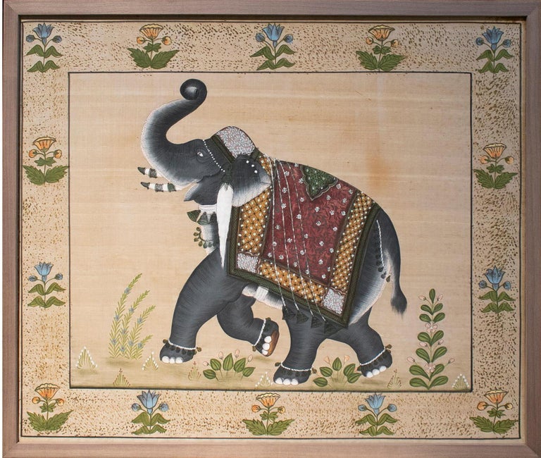 Asian 1970s Pair of Indian Elephant Paintings on Silk For Sale