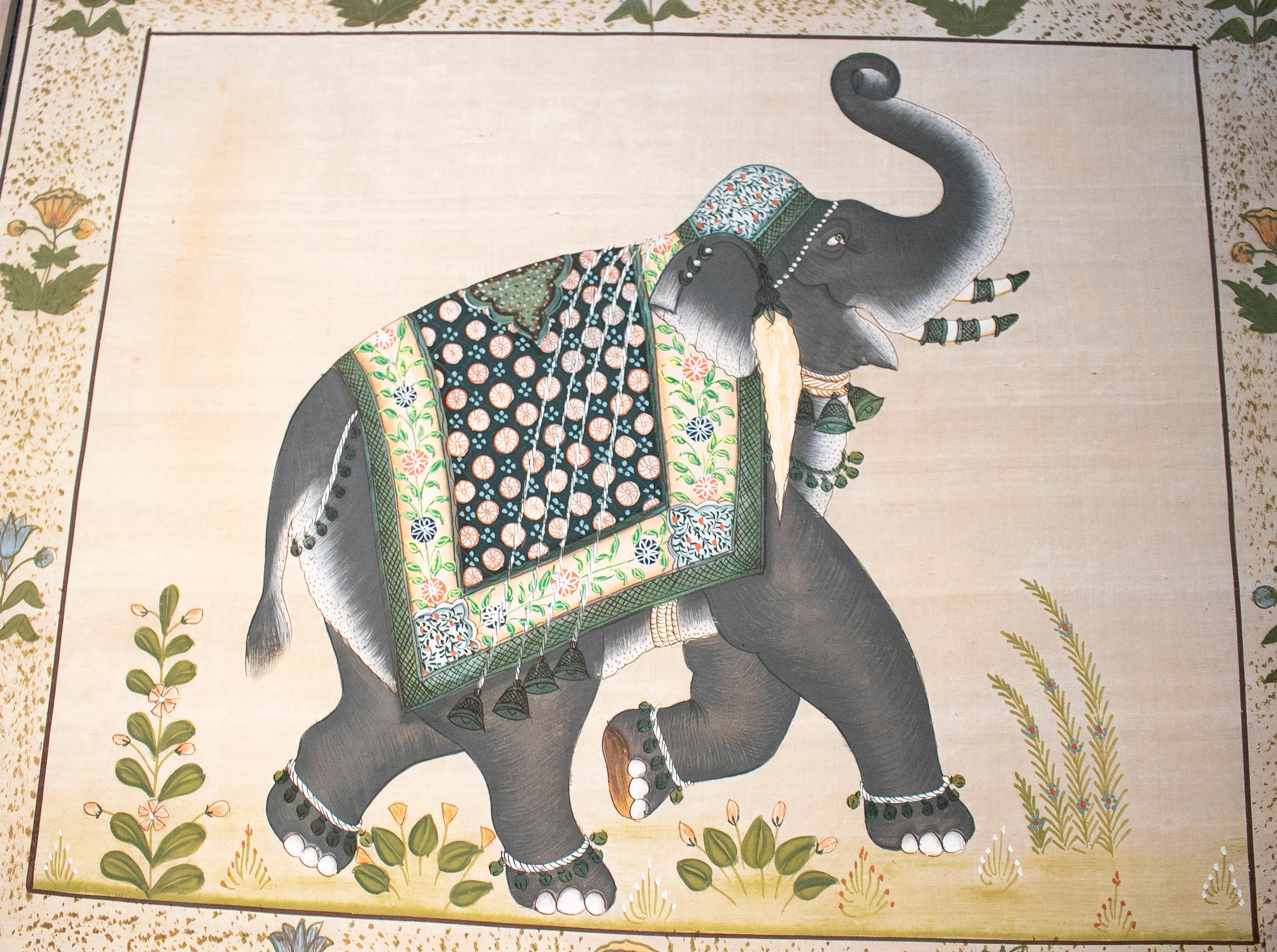 Hand-Painted 1970s Pair of Indian Elephant Paintings on Silk