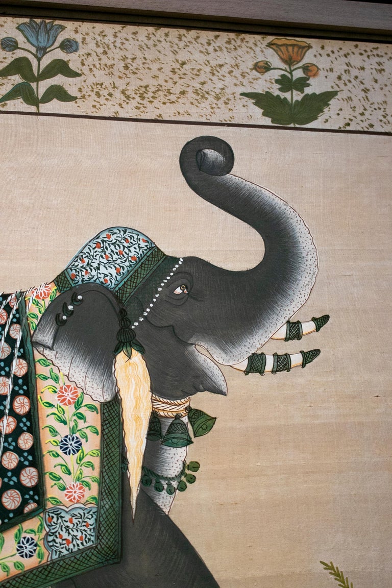 1970s Pair of Indian Elephant Paintings on Silk For Sale 2