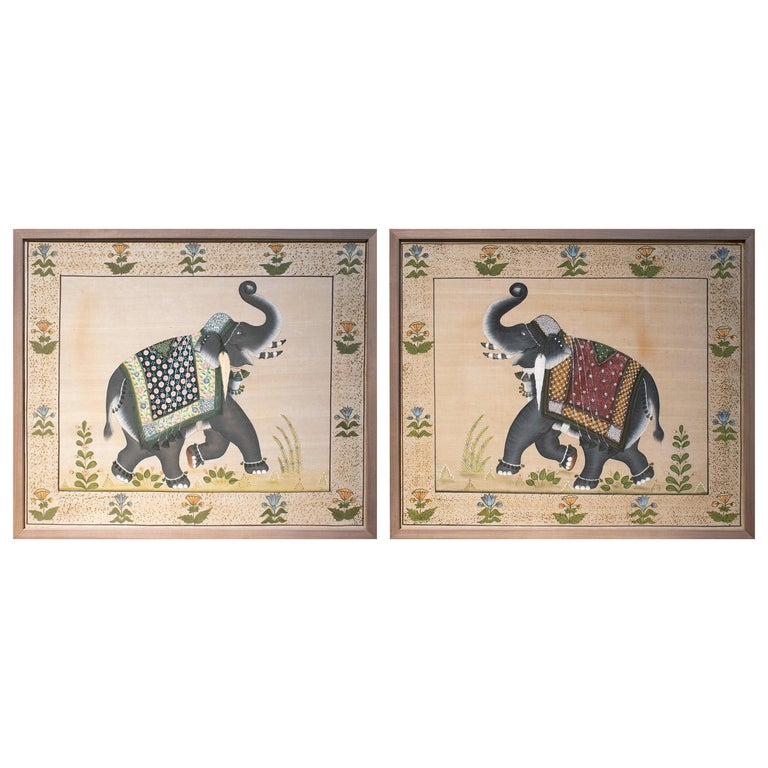1970s Pair of Indian Elephant Paintings on Silk For Sale