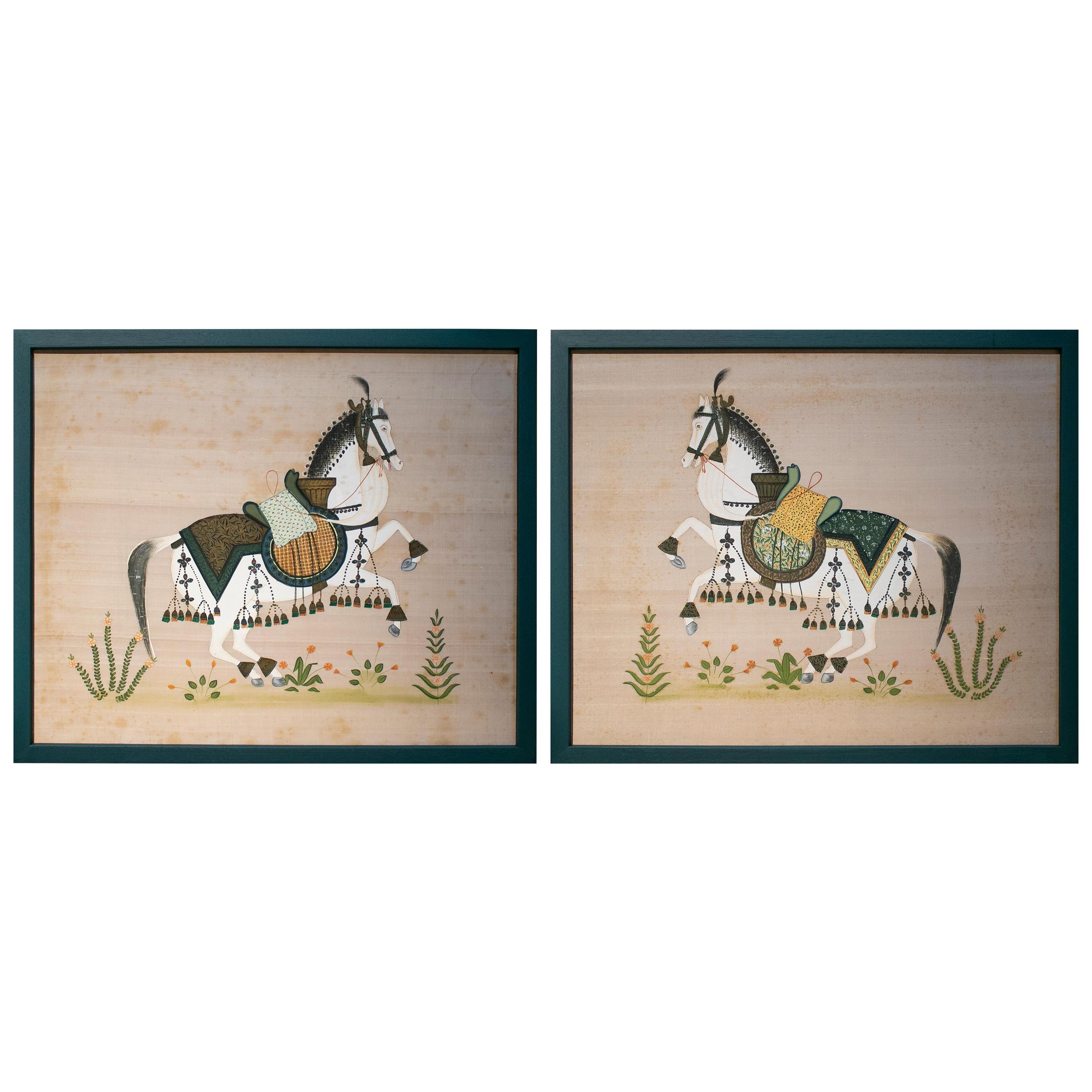 1970s Pair of Indian Horse Paintings on Silk