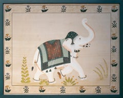 1970s Pair of Indian White Elephant Paintings on Silk