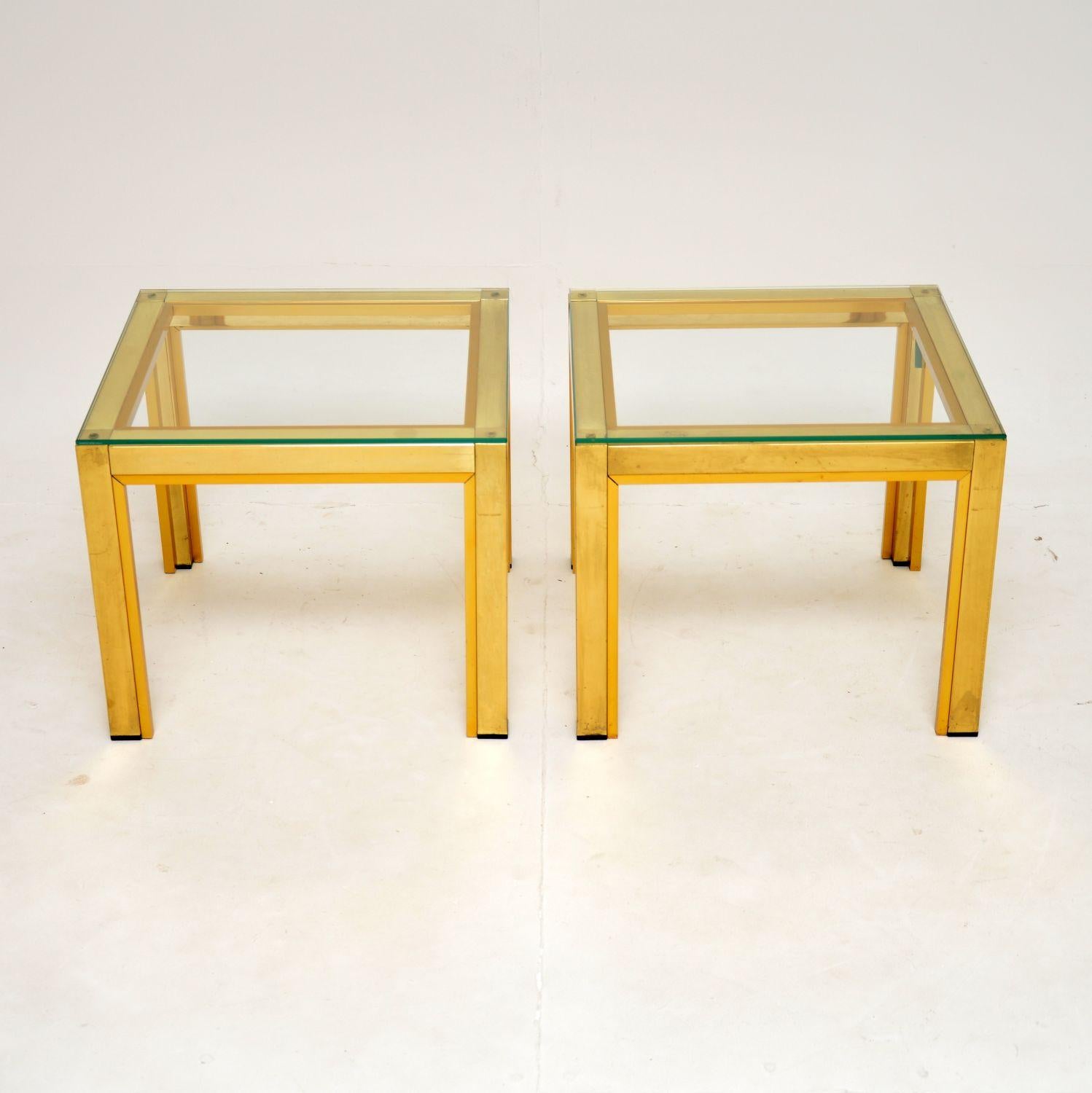 A stylish and very well made vintage 1970’s pair of Italian brass side table by Zevi.

They are of superb quality, with beautifully designed frames of shiny and matt brass finish. They are a lovely size and are nicely finished on all sides.

The