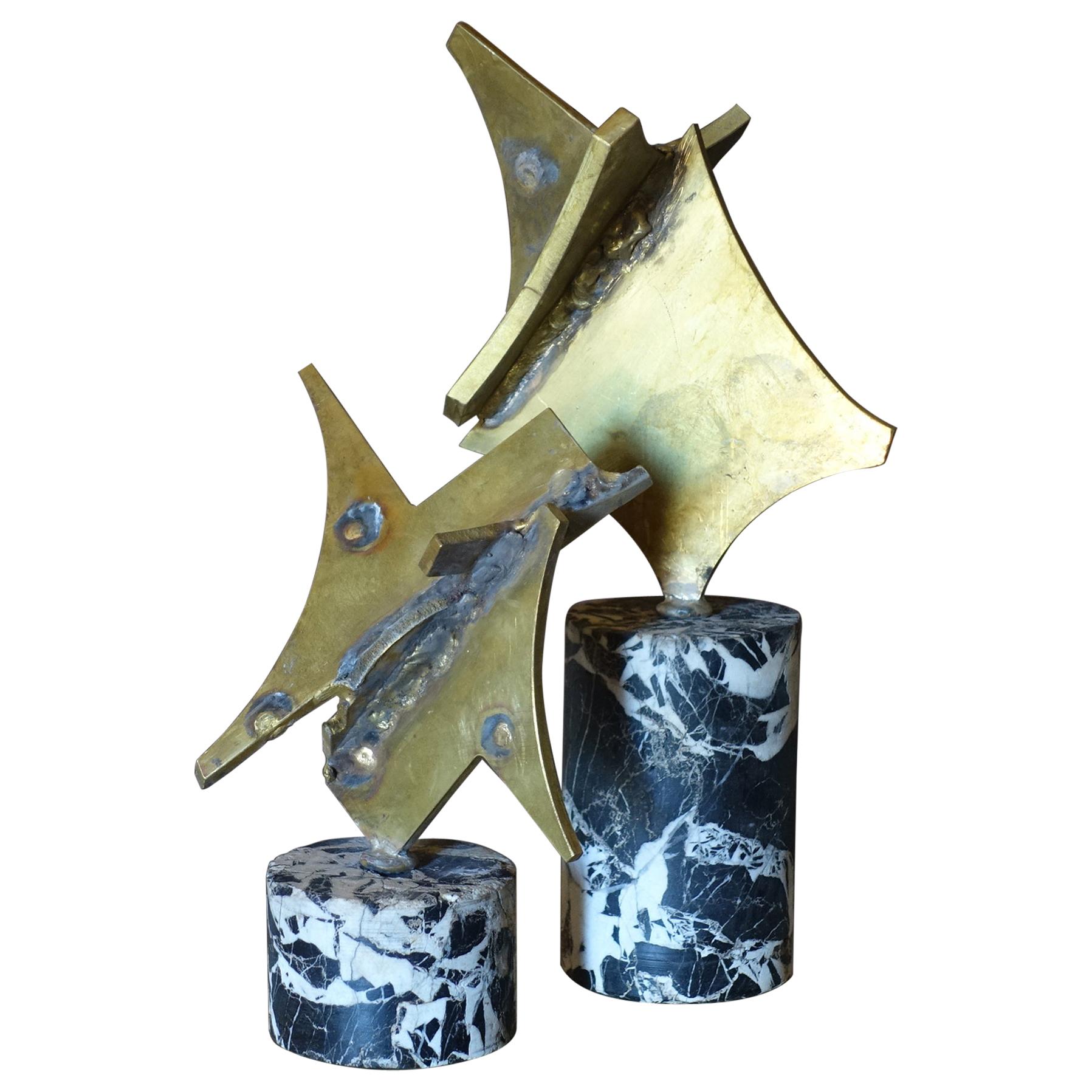 1970's Pair of Italian Brutalist Sculptures, Brass and Aquitania Marble