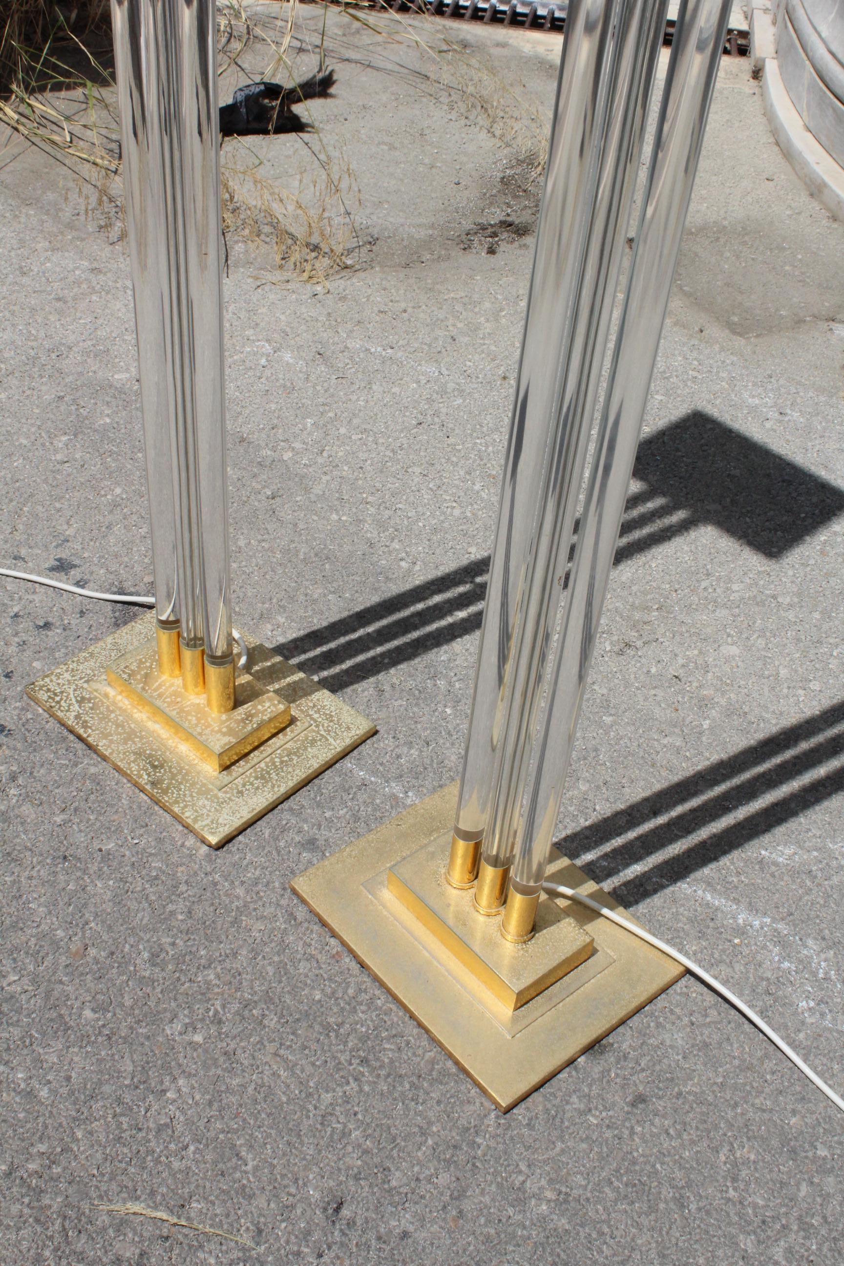 20th Century 1970s Pair of Italian Gilded Brass and Methacrylate Floor Lamps For Sale