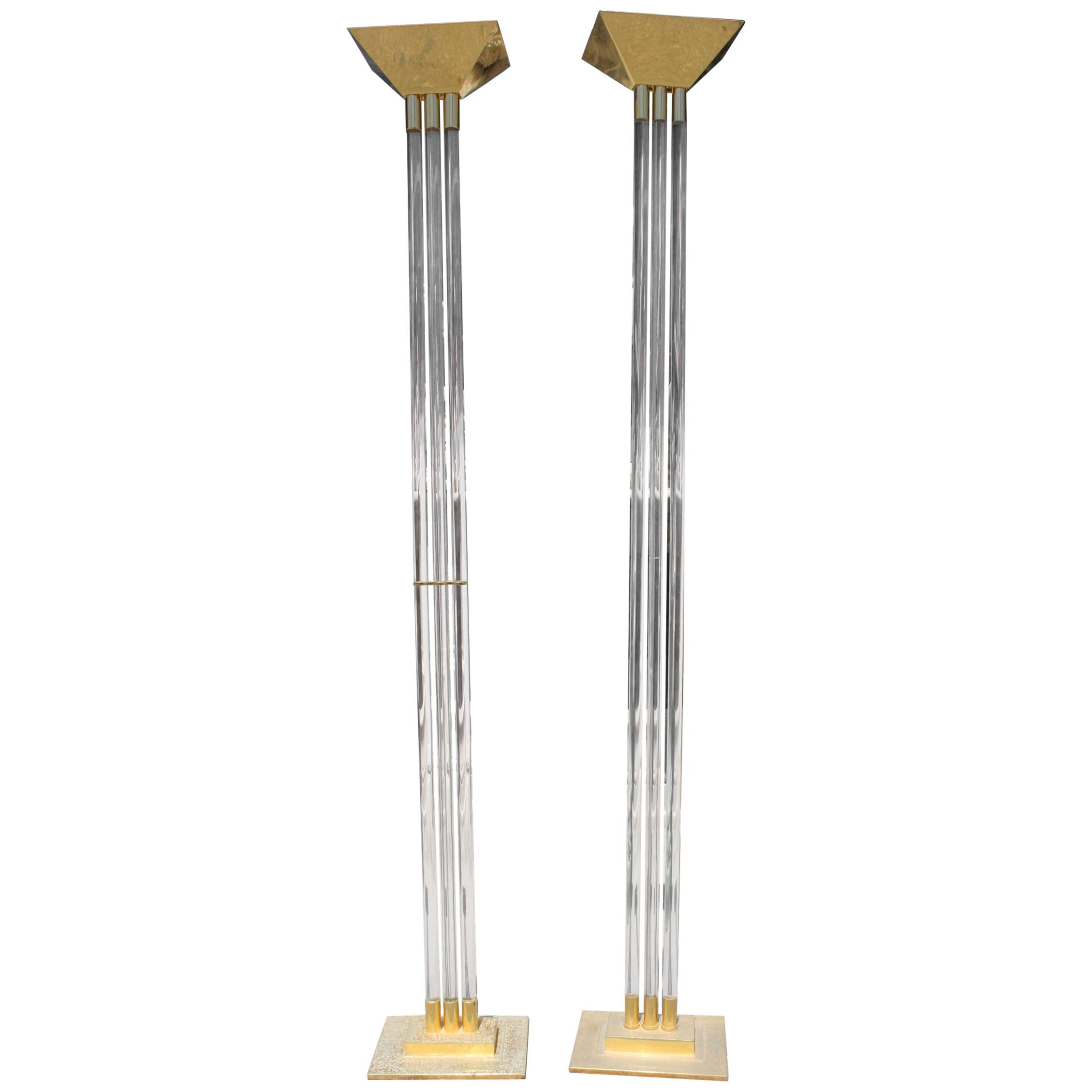 1970s Pair of Italian Gilded Brass and Methacrylate Floor Lamps For Sale