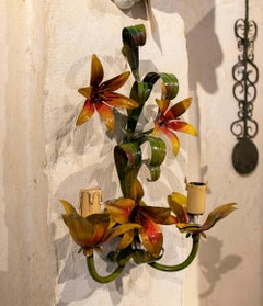 1970s Pair of Italian Polychrome Iron Floral Wall Sconces
