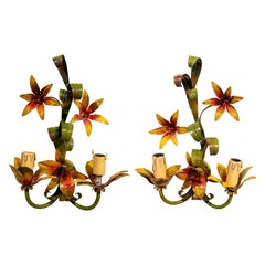 1970s Pair of Italian Polychrome Iron Floral Wall Sconces