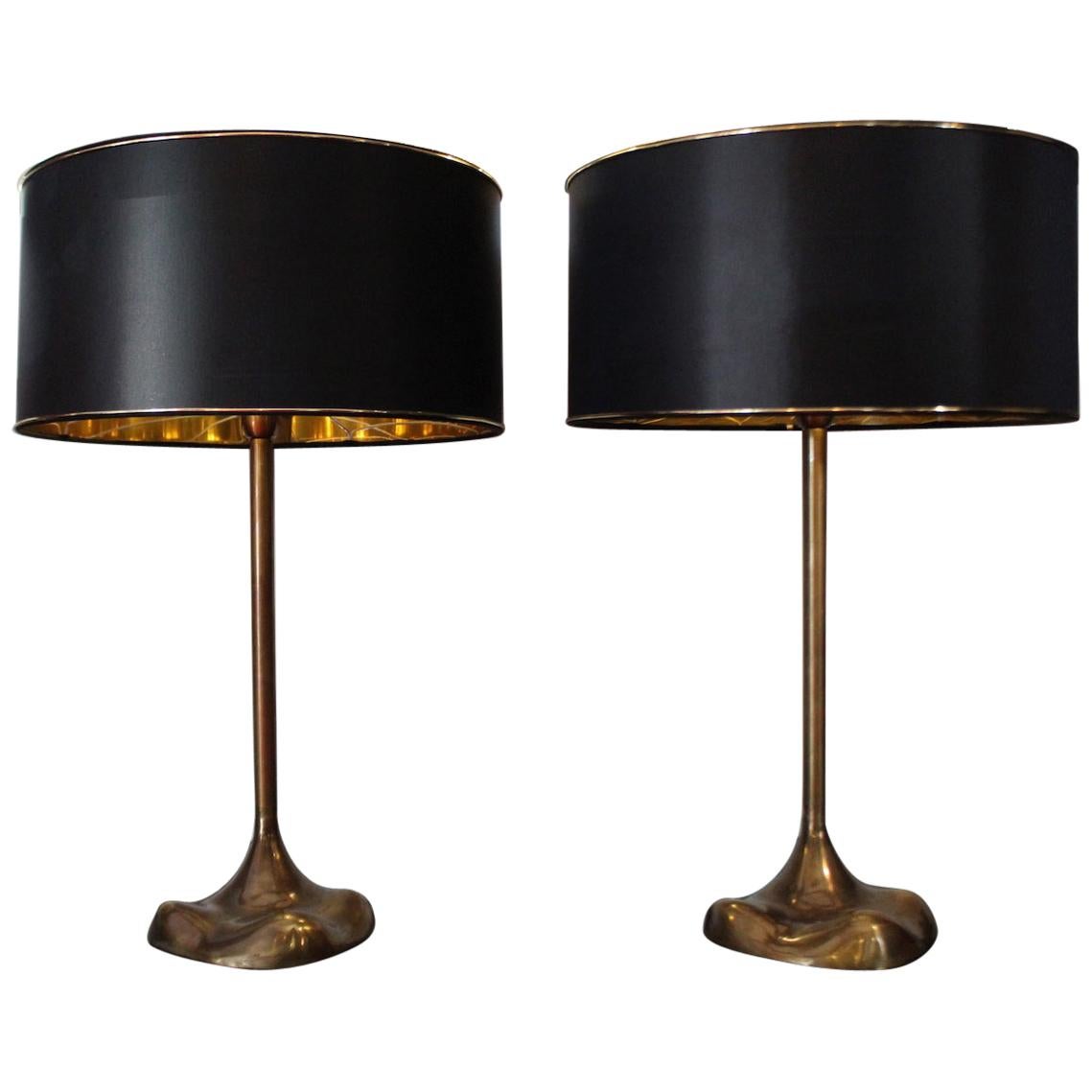 1970s Pair of Italian Table Lamps, Base in Cast Bronze and Bronzed Brass