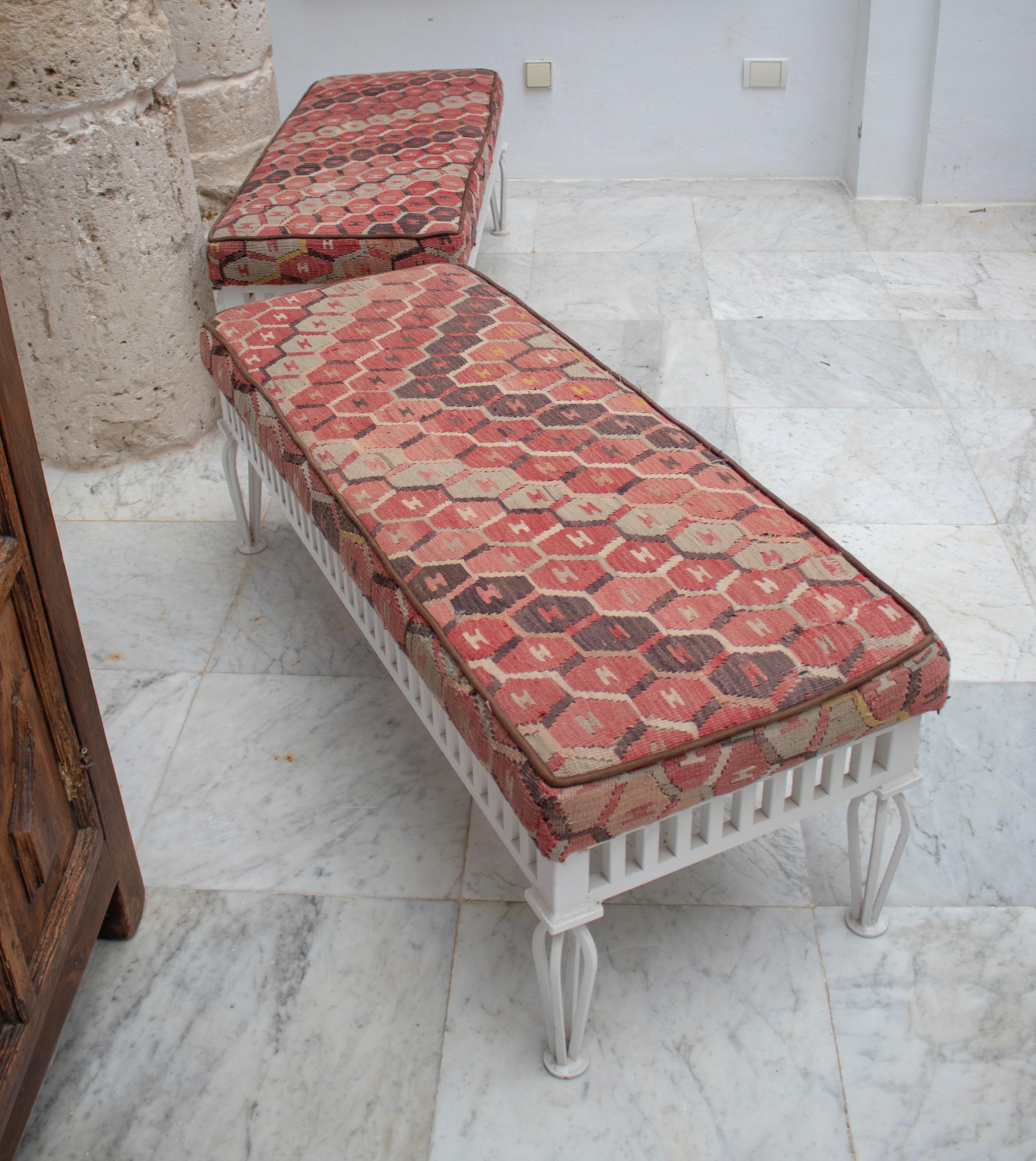 Spanish 1970s Pair of Kilim Upholstered Iron Benches