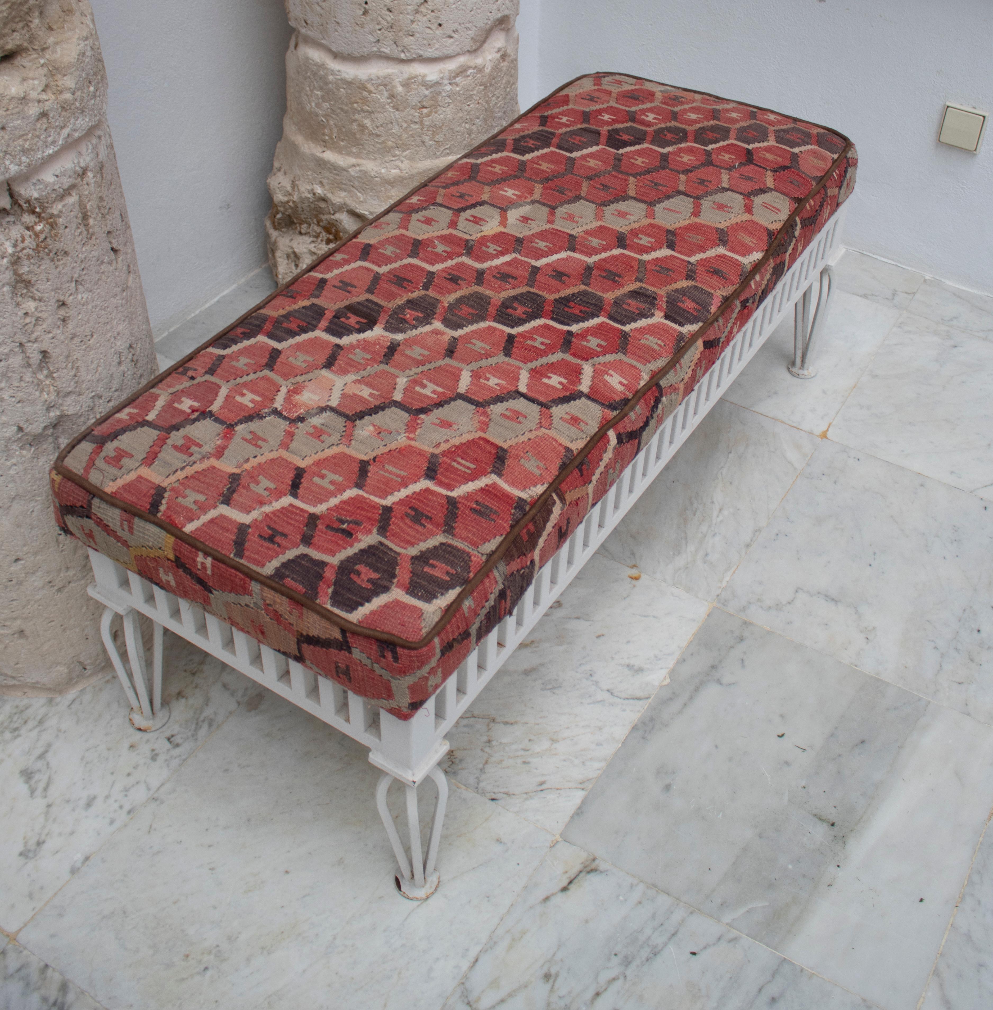 1970s Pair of Kilim Upholstered Iron Benches 1