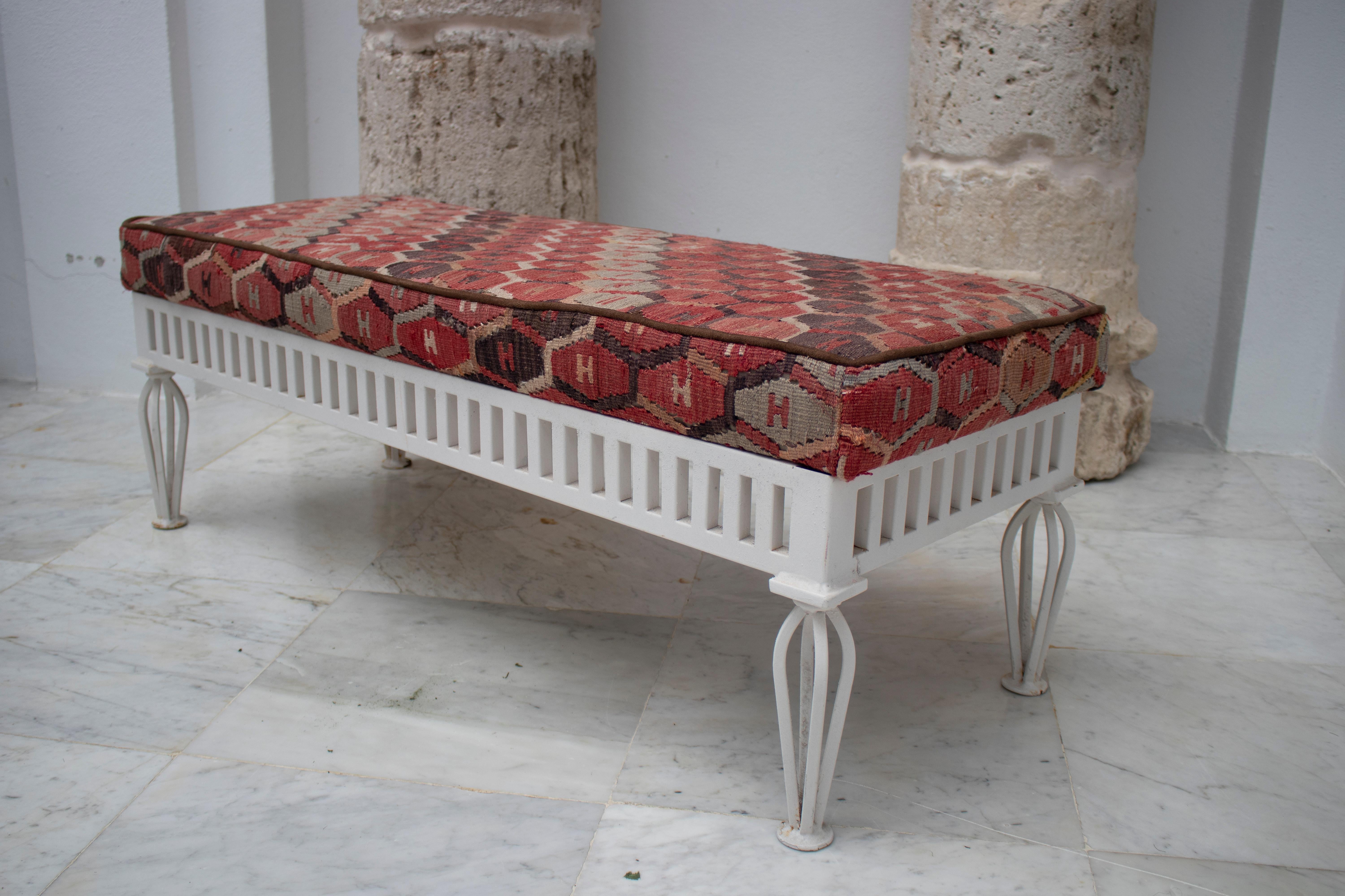 1970s Pair of Kilim Upholstered Iron Benches 2