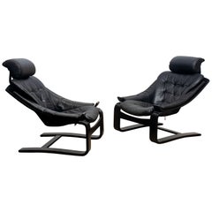 1970s, Pair of Kroken Lounge Chairs by Ake Fribytter for Nelo Sweden in Leather