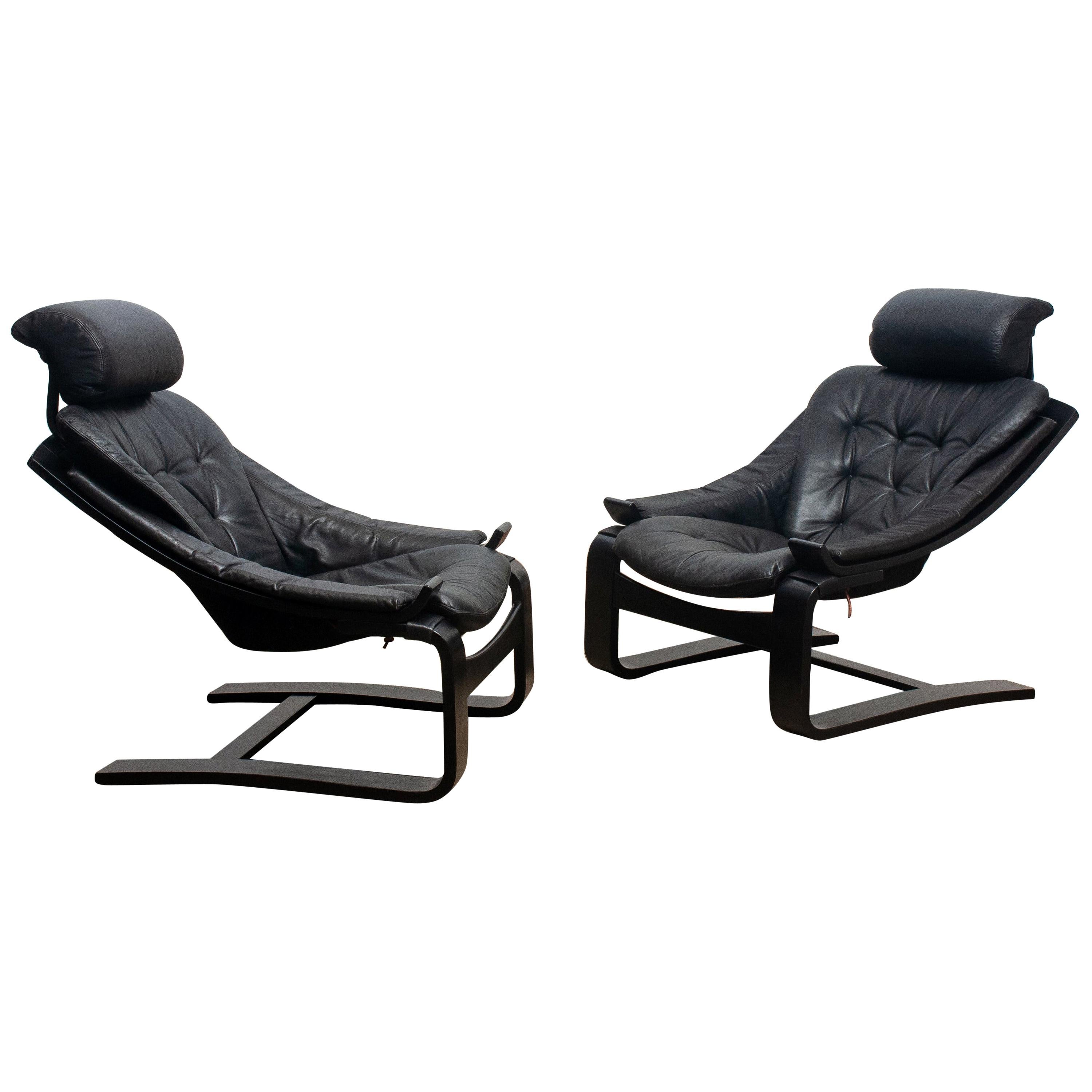 1970s Pair of Kroken Lounge Chairs by Ake Fribytter for Nelo Sweden in Leather