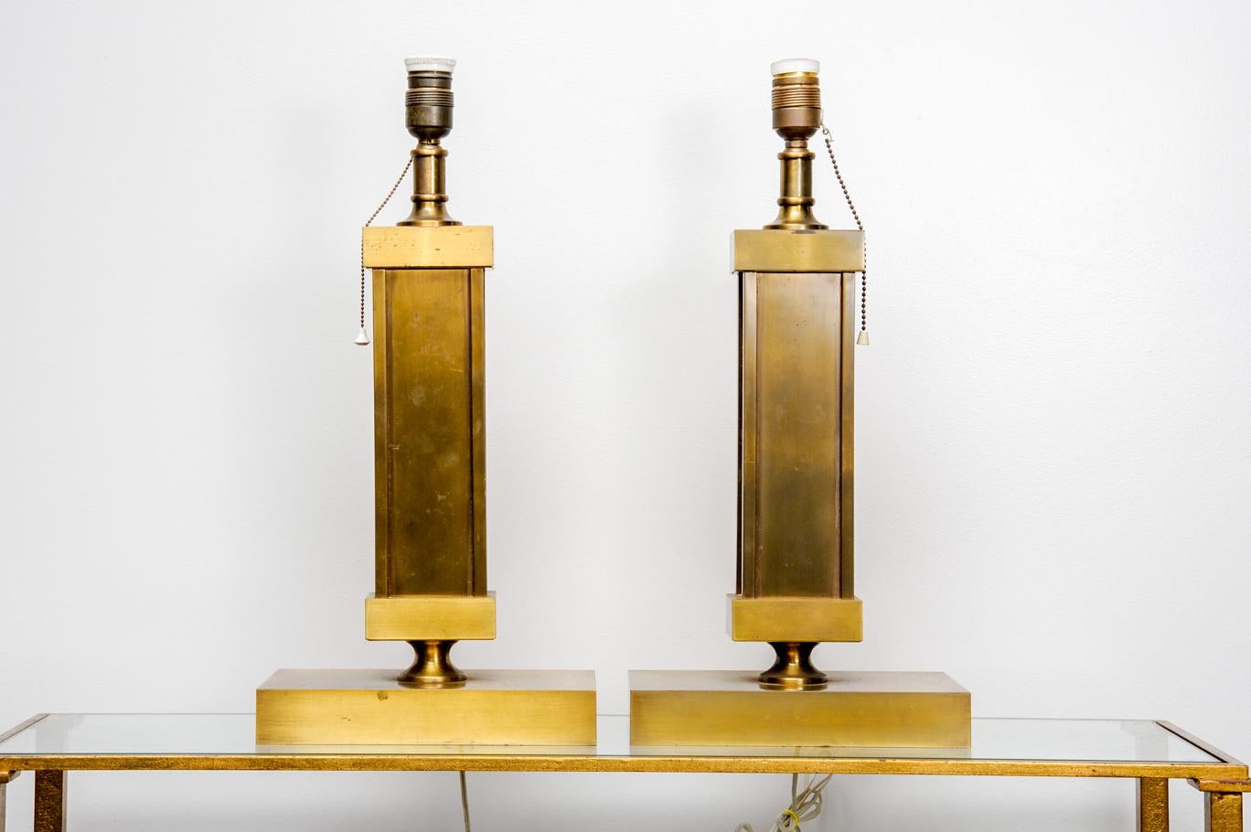 Pair of lamps in brass, modern design
In style of Jacques Quinet, circa 1970.