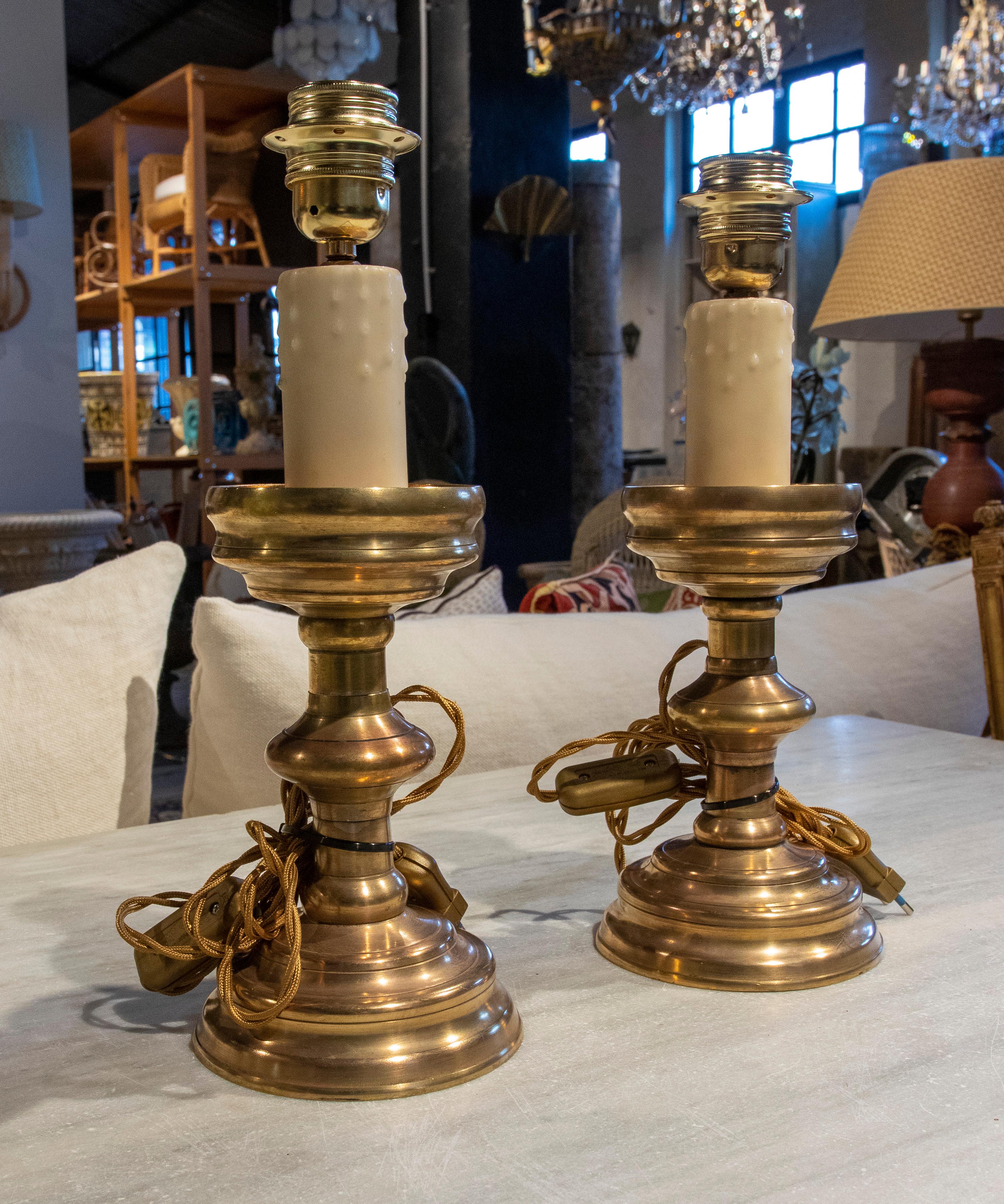 Spanish 19th Century Pair of Lamps Made with Two Bronze Candlesticks  For Sale