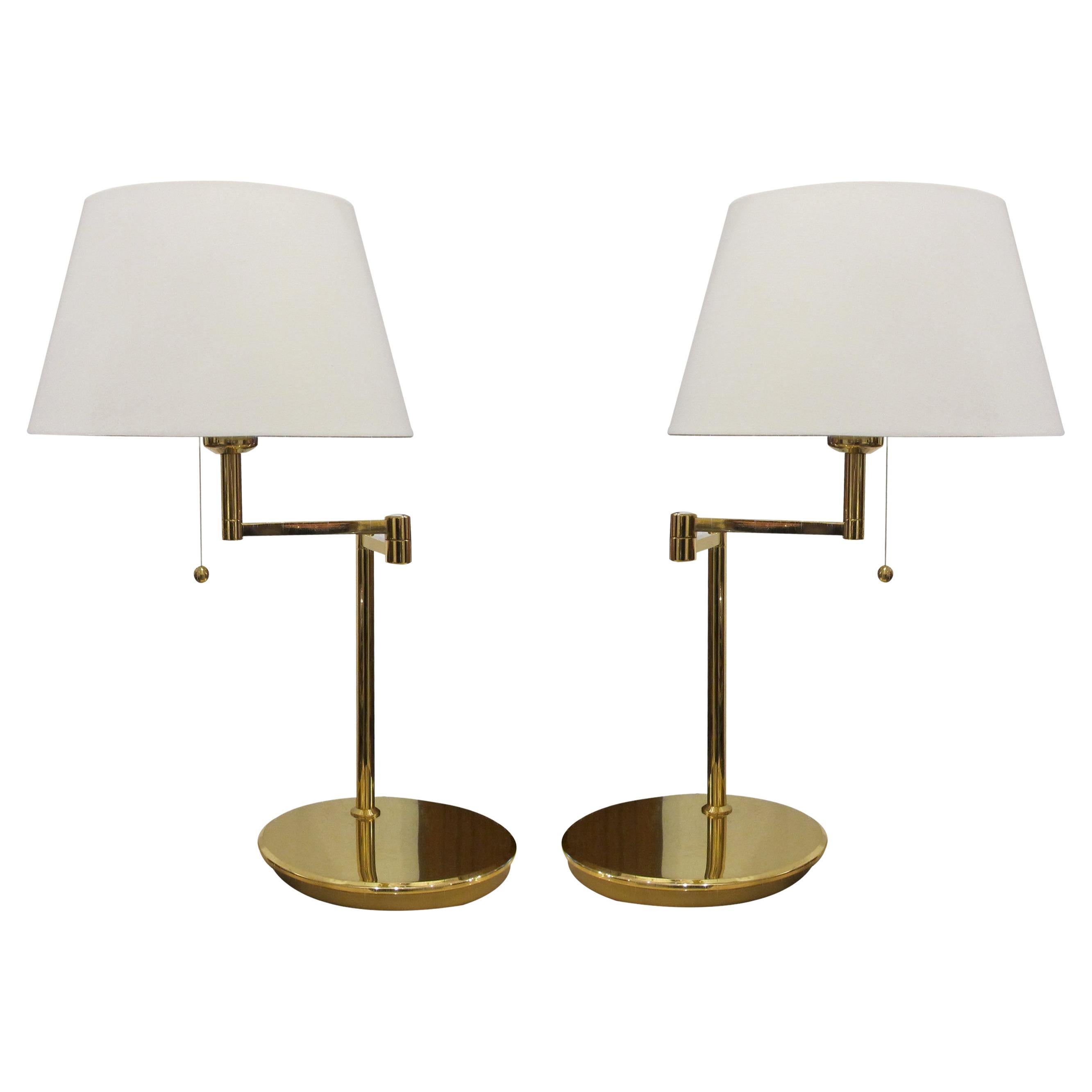 1970s Pair of Large Brass Bracket Table Lamps, Swedish, 1970s