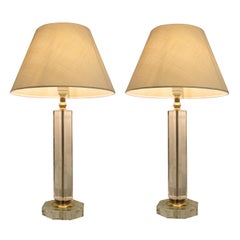 1970s Pair of Large Italian Octagonal Lucite Table Lamps Include Conical Shades