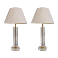 1970s Pair of Large Italian Octagonal Lucite Table Lamps Include Conical Shades