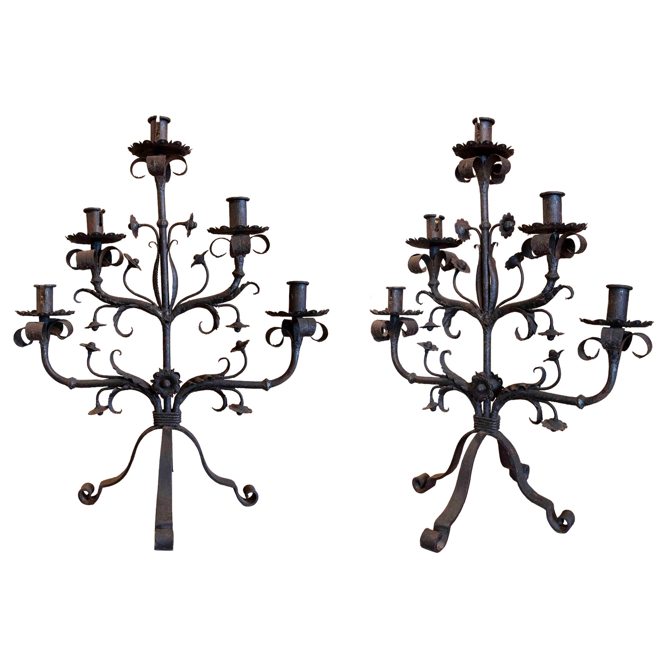 1970s Pair of Large Wrought Iron Six-branched Candelabras