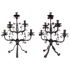 1970s Pair of Large Wrought Iron Six-branched Candelabras