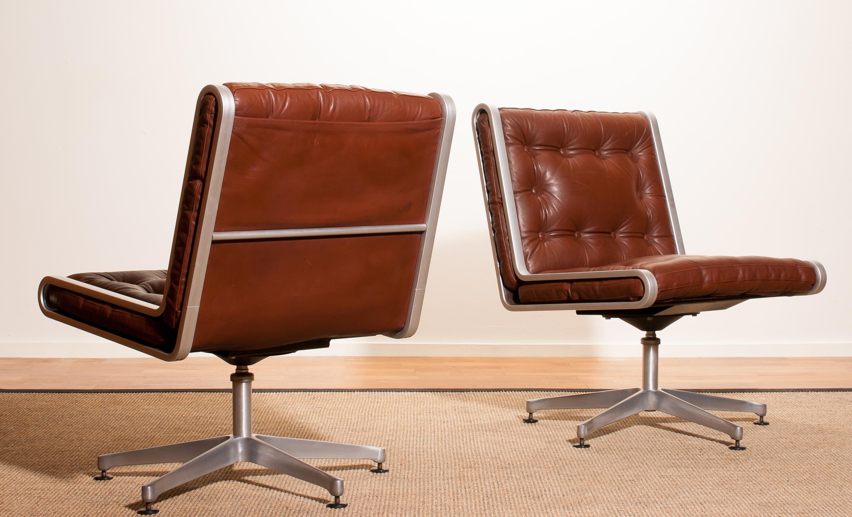 Swedish 1970s, Pair of Leather and Aluminium Swivel Chairs