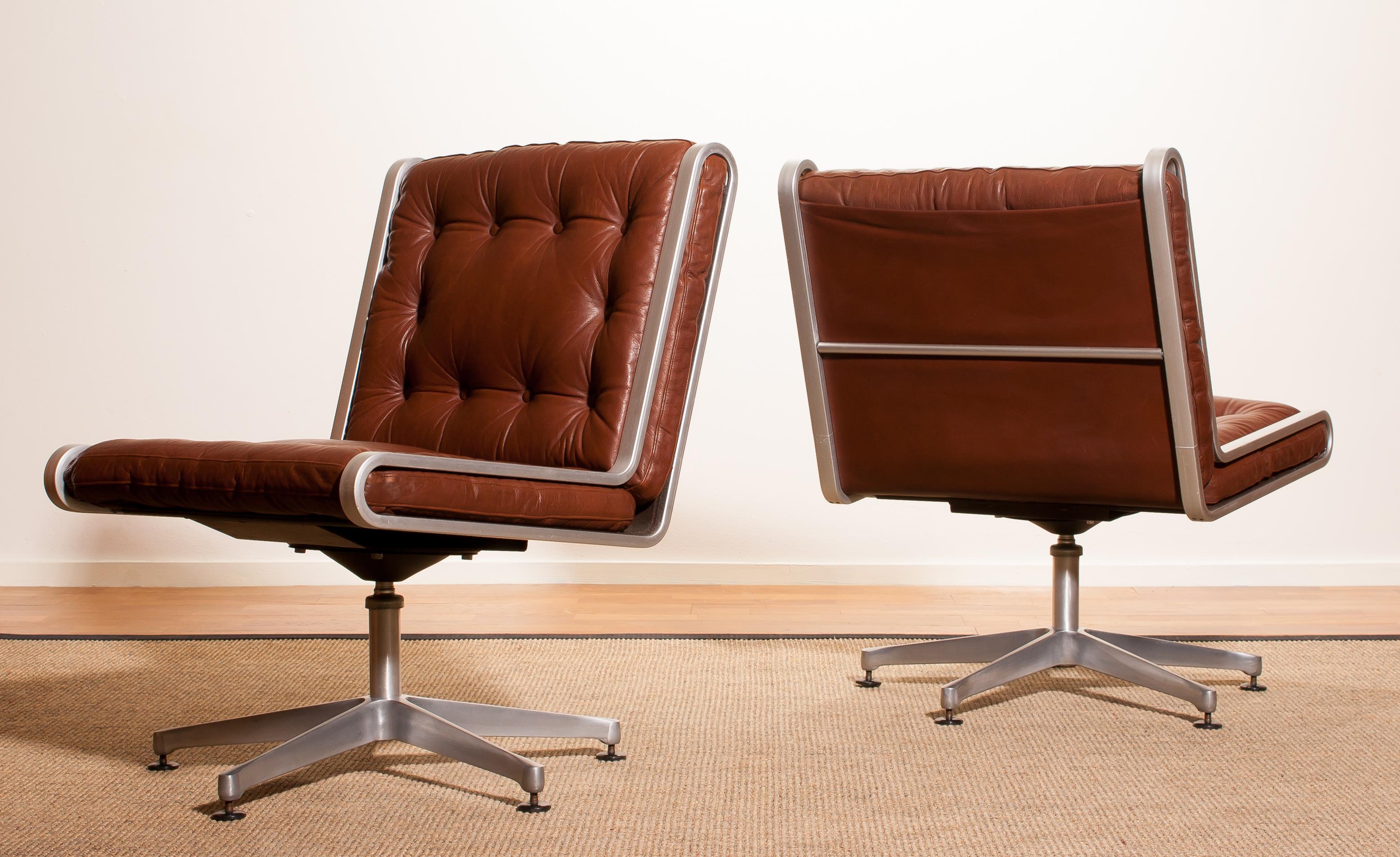 Late 20th Century 1970s, Pair of Leather and Aluminium Swivel Chairs