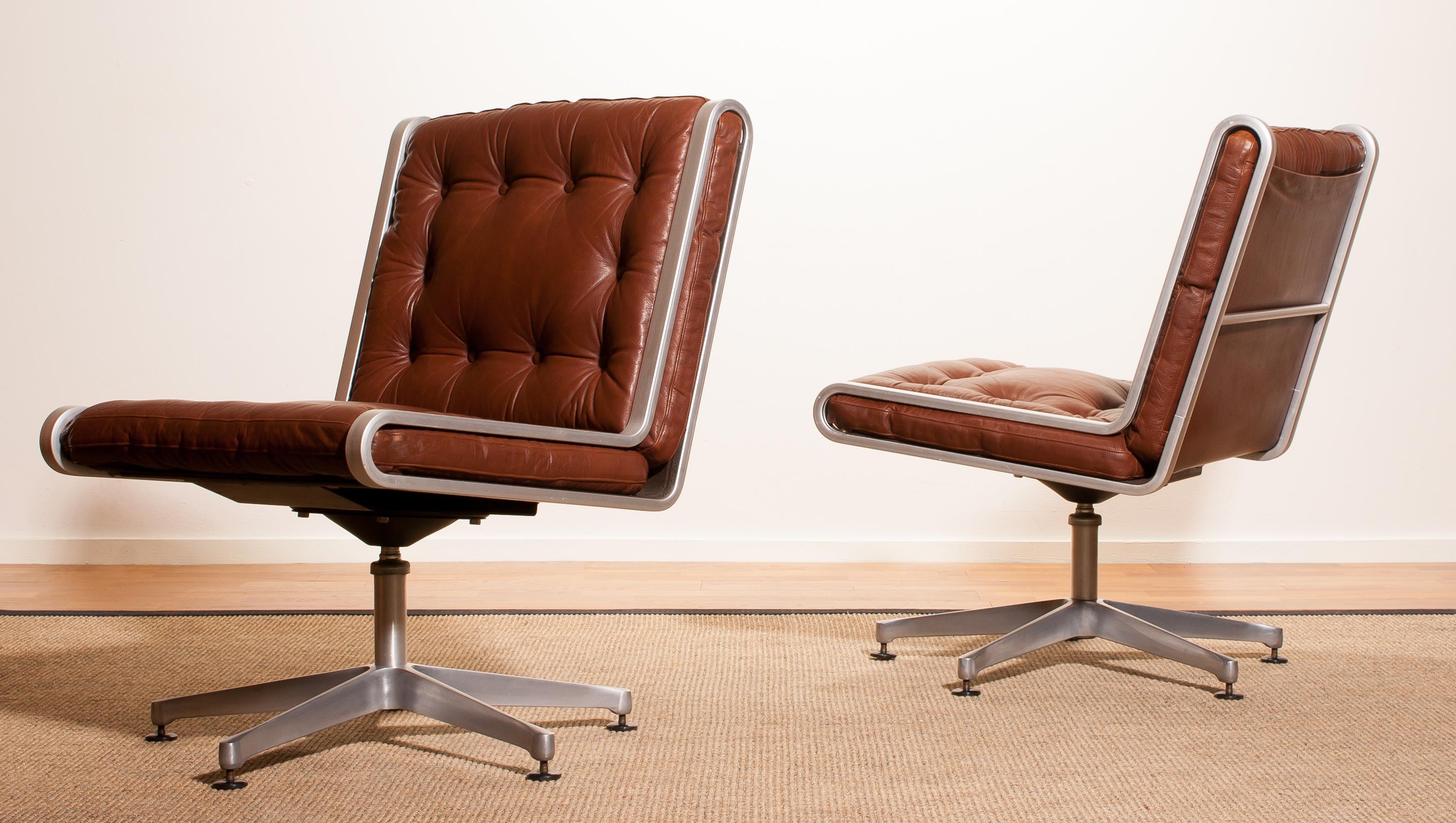 Aluminum 1970s, Pair of Leather and Aluminium Swivel Chairs