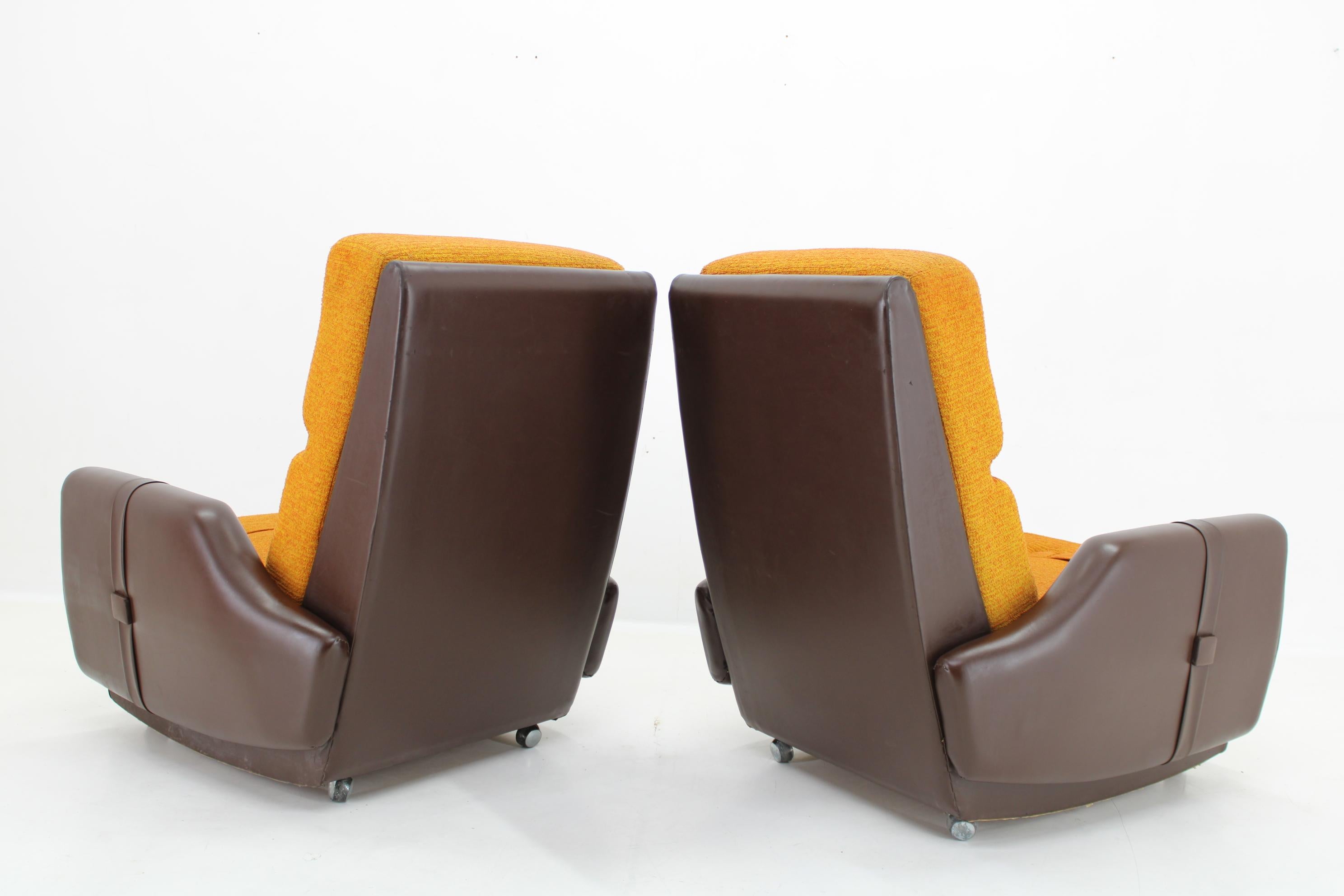 Mid-Century Modern 1970's Pair of Leatherette and Fabric Armchairs, Czechoslovakia For Sale
