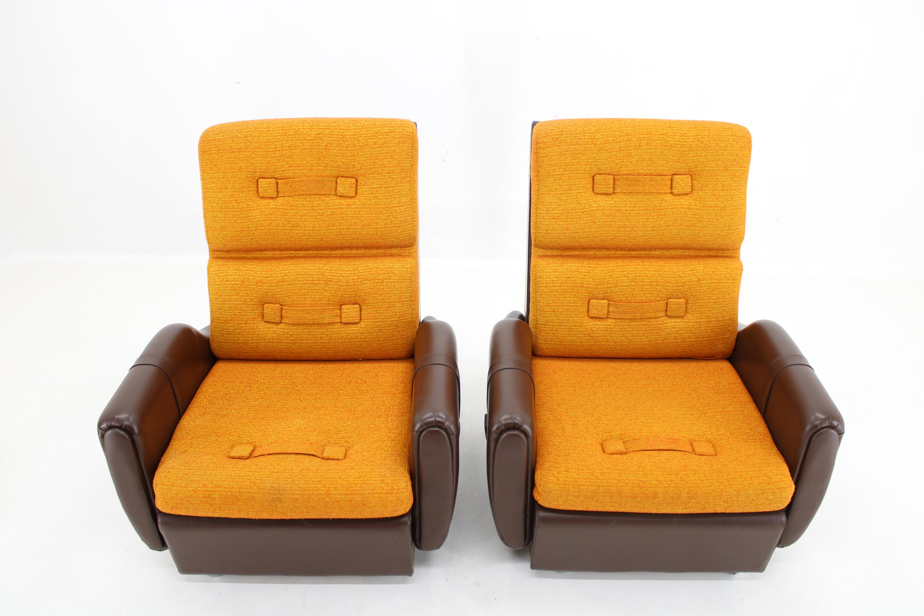 Late 20th Century 1970's Pair of Leatherette and Fabric Armchairs, Czechoslovakia For Sale