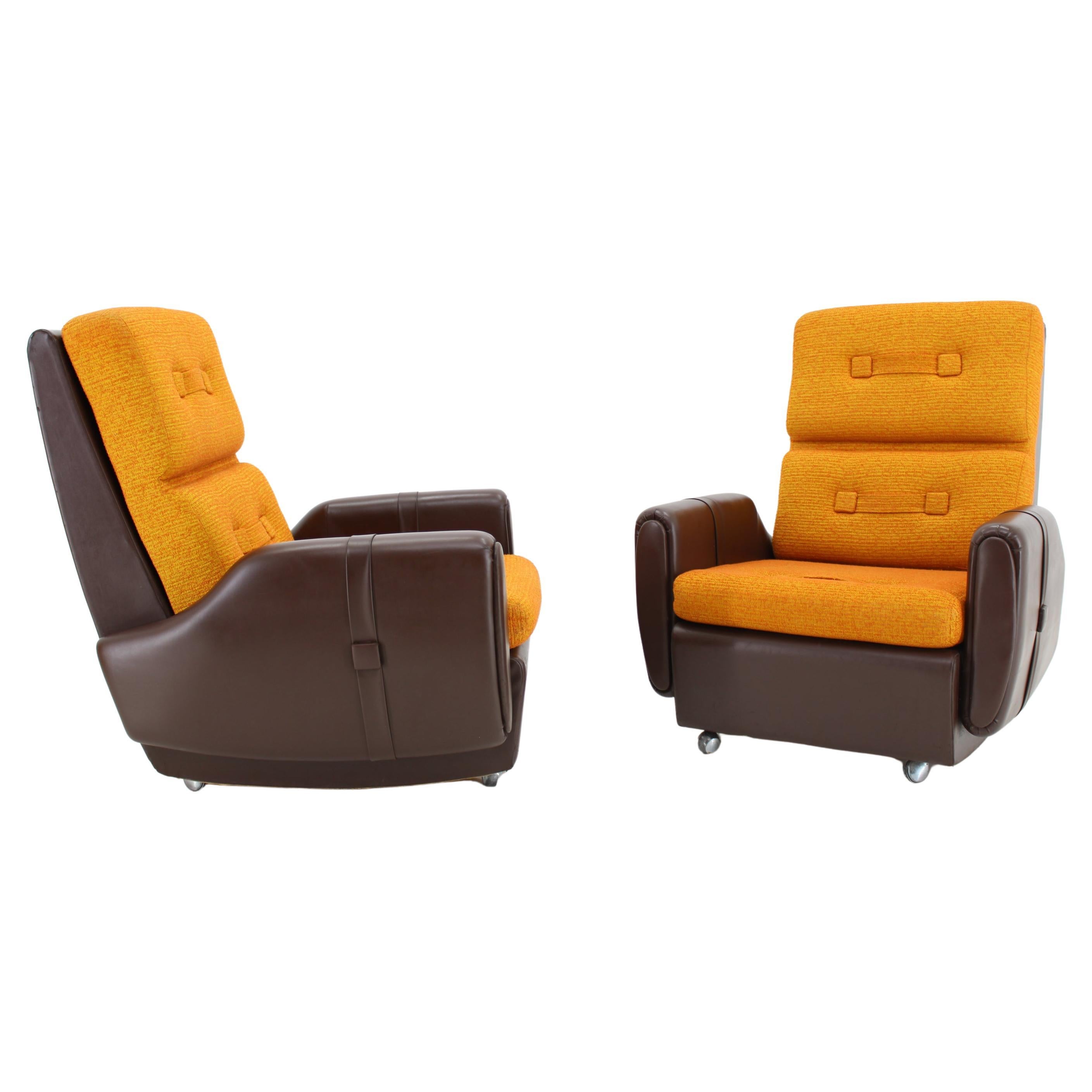 1970's Pair of Leatherette and Fabric Armchairs, Czechoslovakia For Sale