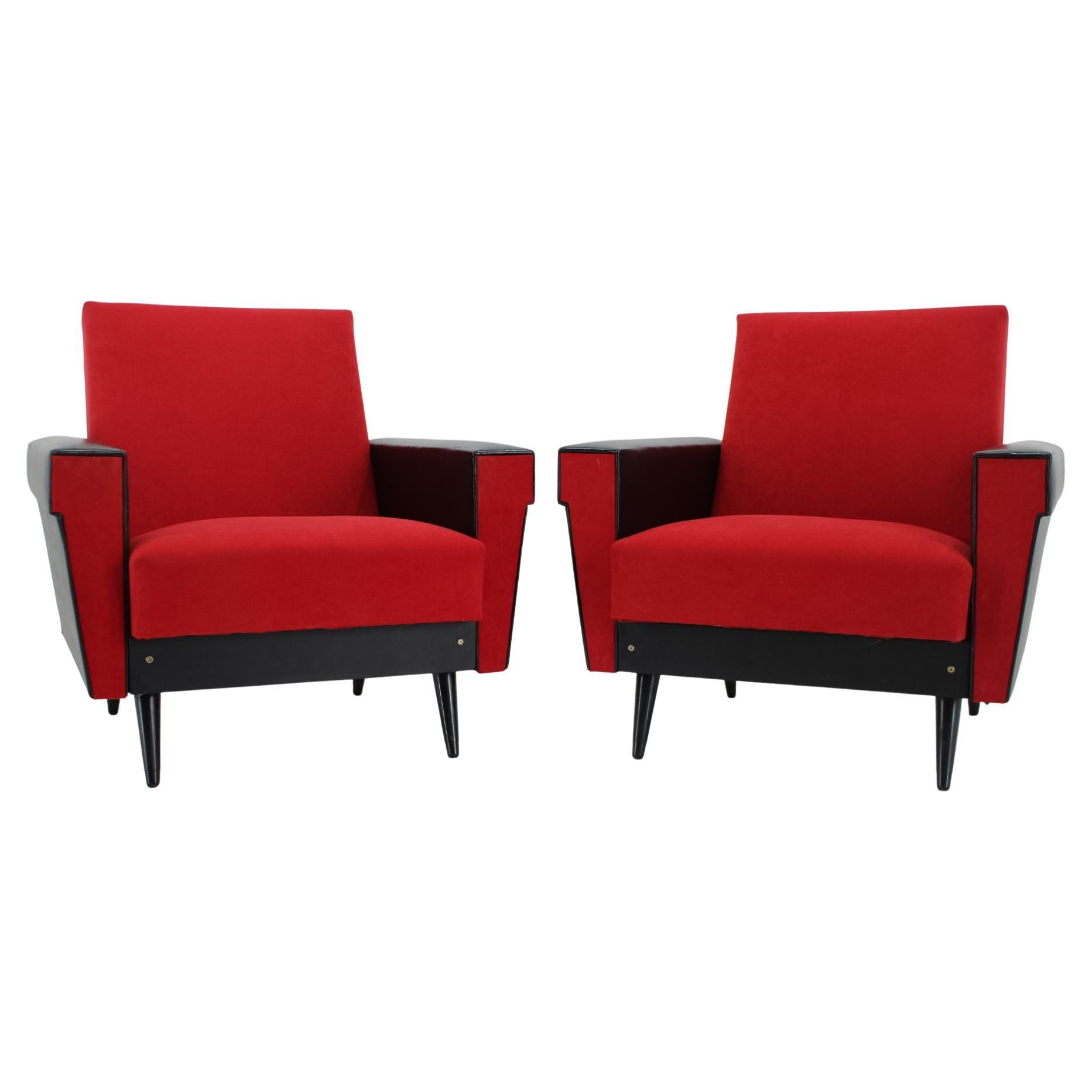 1970's Pair of Leatherette and Red Fabric Armchairs, Czechoslovakia For Sale