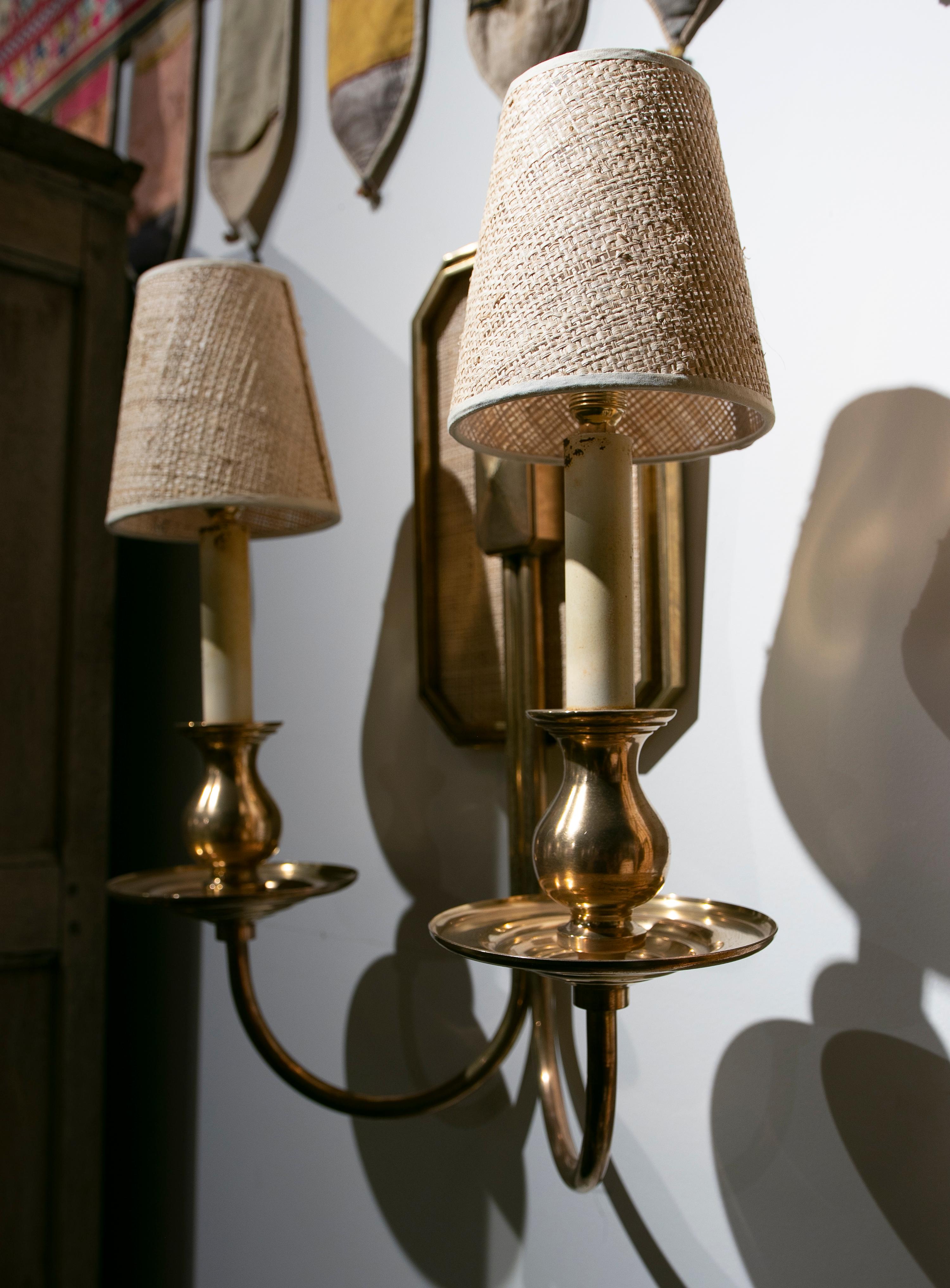 1970s Pair of Lined Bronze Sconces with Raffia Lampshades For Sale 4