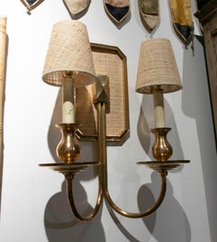 1970s Pair of Lined Bronze Sconces with Raffia Lampshades