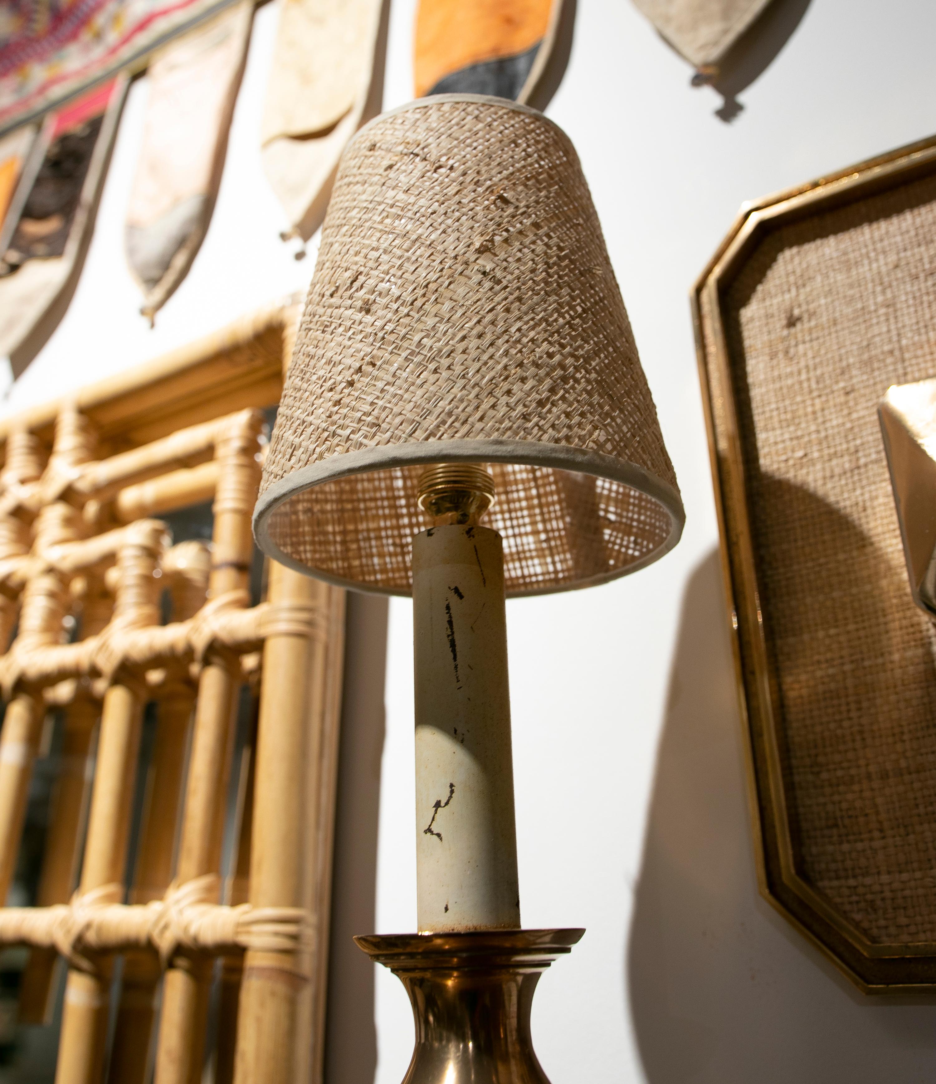 1970s Pair of Lined Bronze Sconces with Raffia Lampshades In Good Condition For Sale In Marbella, ES