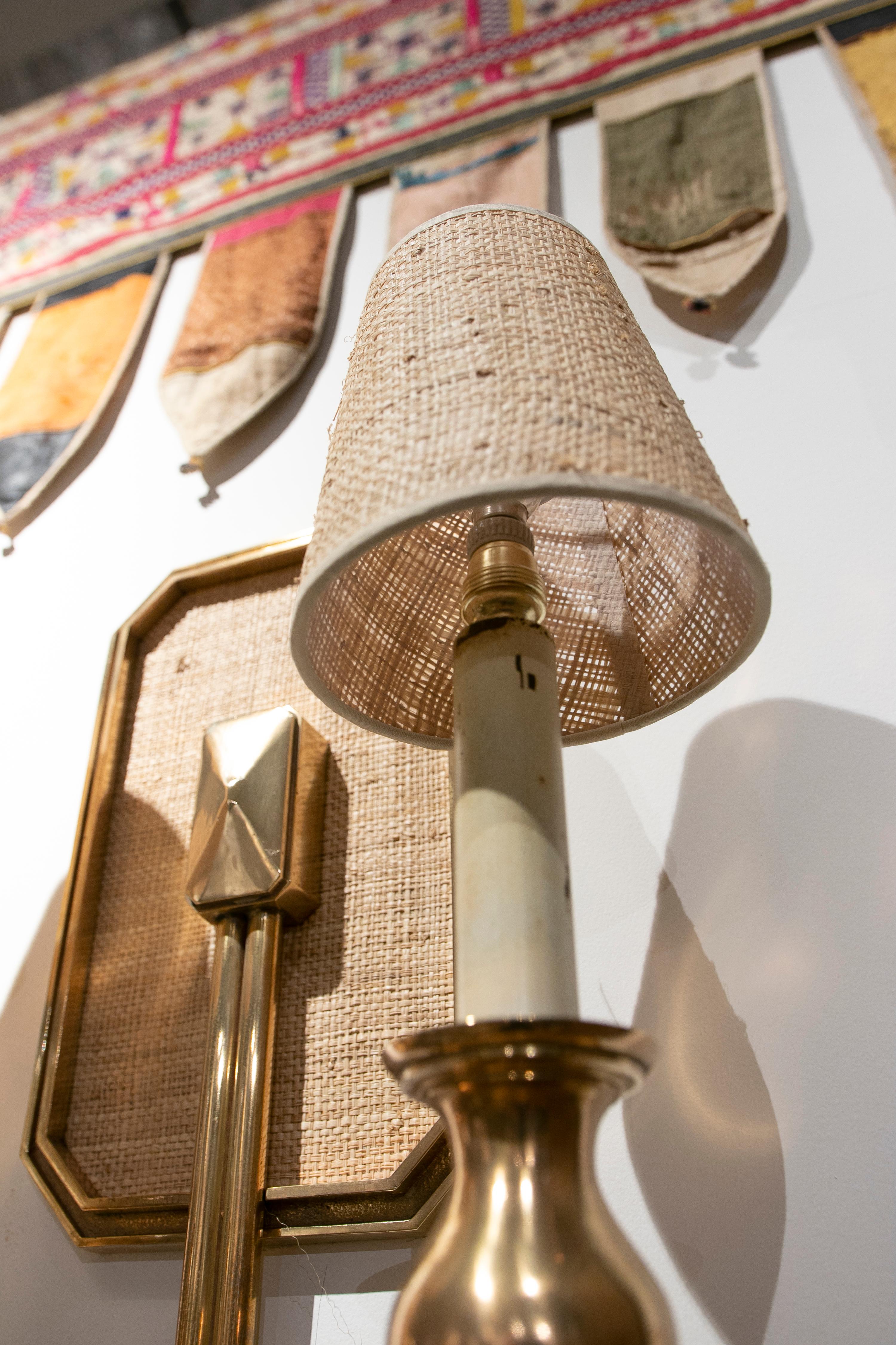 1970s Pair of Lined Bronze Sconces with Raffia Lampshades For Sale 2
