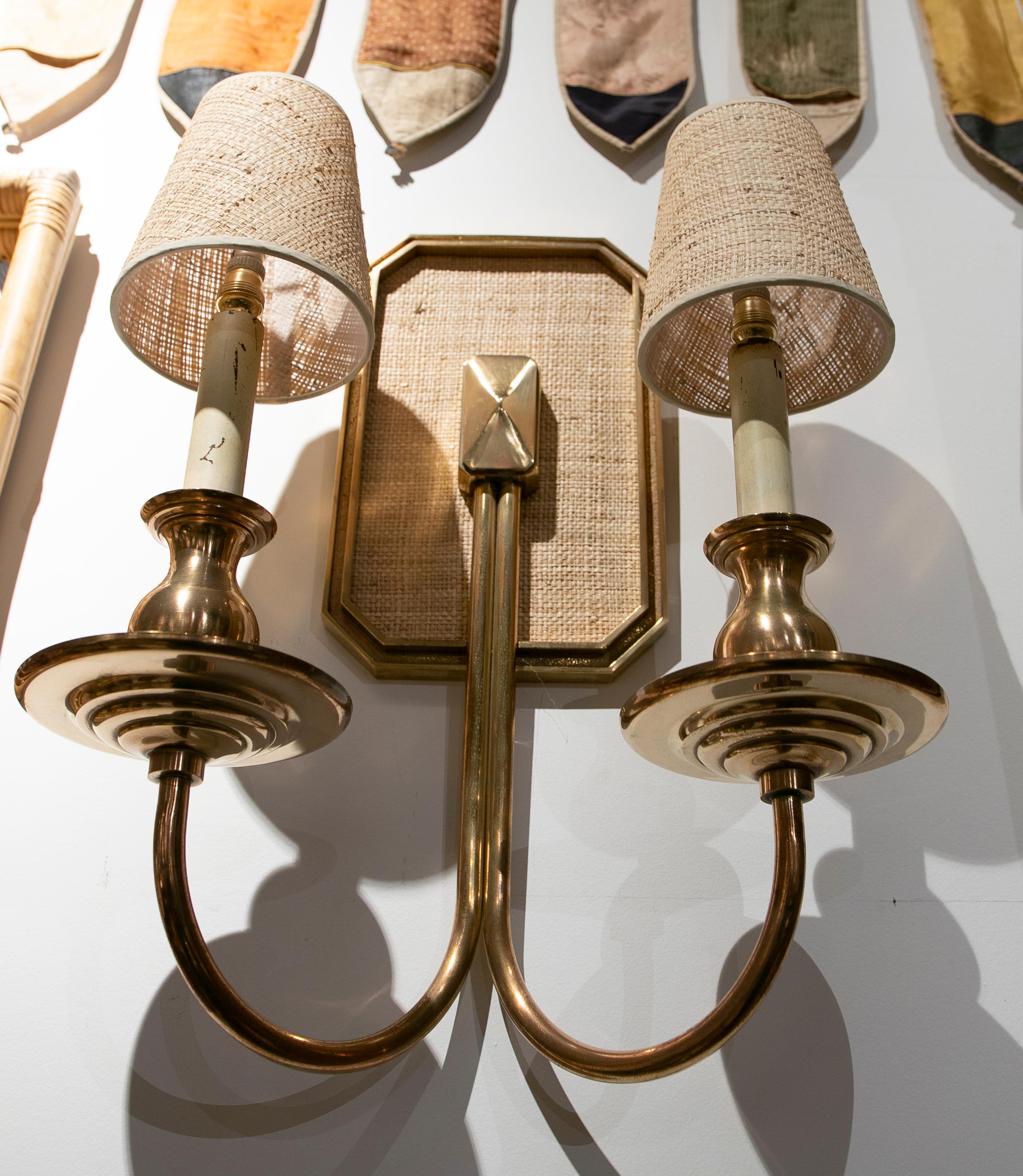 1970s Pair of Lined Bronze Sconces with Raffia Lampshades For Sale 3