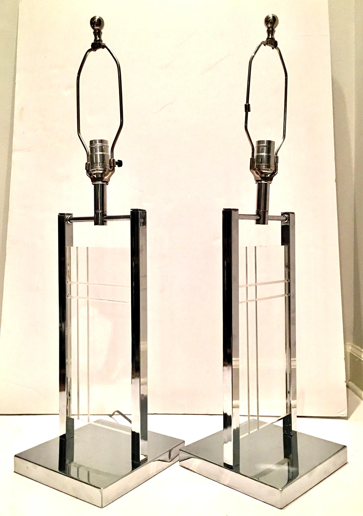 Mid-Century Modern 1970'S Pair Of Lucite & Chrome Table Lamps By, George Kovacs For Sale