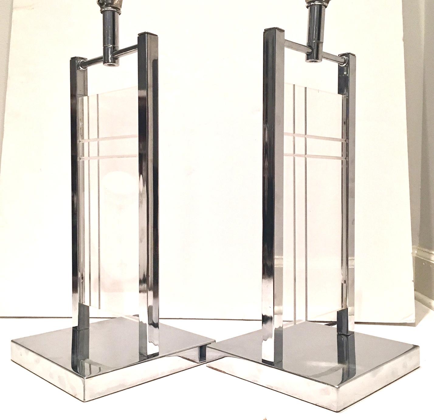 Carved 1970'S Pair Of Lucite & Chrome Table Lamps By, George Kovacs For Sale