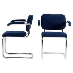 1970s Pair of Marcel Breuer for Knoll Cesca Upholstered Armchairs in Blue Fabric